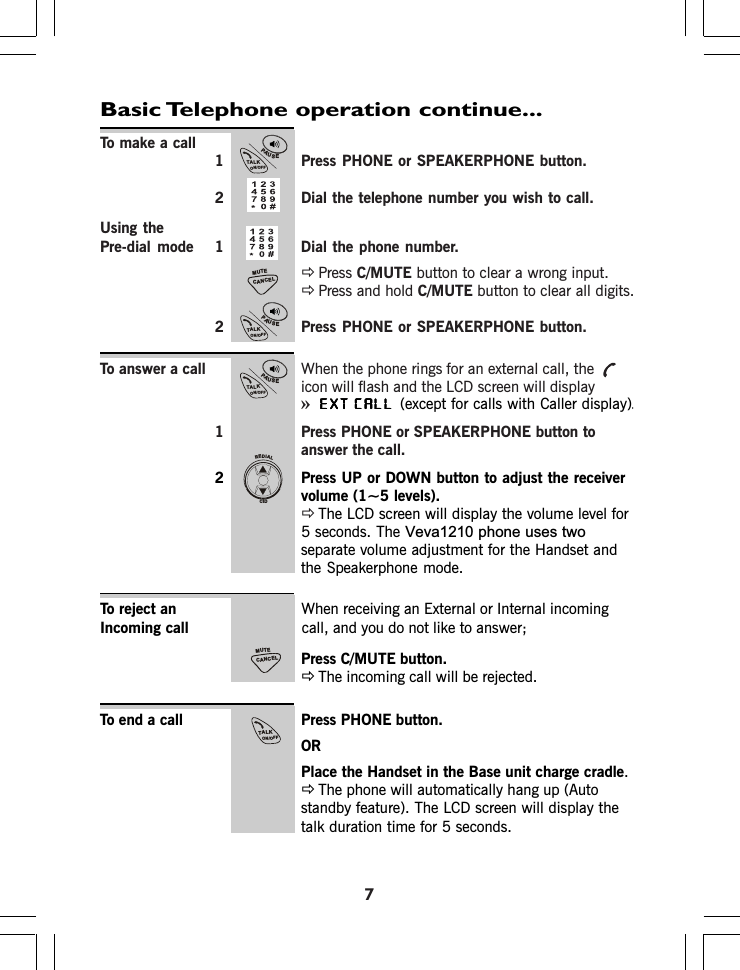 Basic Telephone operation continue...To make a call1 Press PHONE or SPEAKERPHONE button.2 Dial the telephone number you wish to call.Using thePre-dial mode 1 Dial the phone number.ÖPress C/MUTE button to clear a wrong input.ÖPress and hold C/MUTE button to clear all digits.2 Press PHONE or SPEAKERPHONE button.To answer a call When the phone rings for an external call, theicon will flash and the LCD screen will display»EXT CALLEXT CALLEXT CALLEXT CALLEXT CALL(except for calls with Caller display).1 Press PHONE or SPEAKERPHONE button toanswer the call.2 Press UP or DOWN button to adjust the receivervolume (1~5 levels).ÖThe LCD screen will display the volume level for5 seconds. The Press C/MUTE button.ÖThe incoming call will be rejected.To end a call Press PHONE button.ORPlace the Handset in the Base unit charge cradle.ÖThe phone will automatically hang up (Autostandby feature). The LCD screen will display thetalk duration time for 5 seconds.To reject anIncoming callseparate volume adjustment for the Handset and the Speakerphone mode.7VHva1210SKRQHXVHVWZRWhen receiving an External or Internal incomingcall, and you do not like to answer;PAUSETALKON/OFFPAUSETALKON/OFFCANCELMUTEPAUSETALKON/OFFREDIALCIDCANCELMUTETALKON/OFF