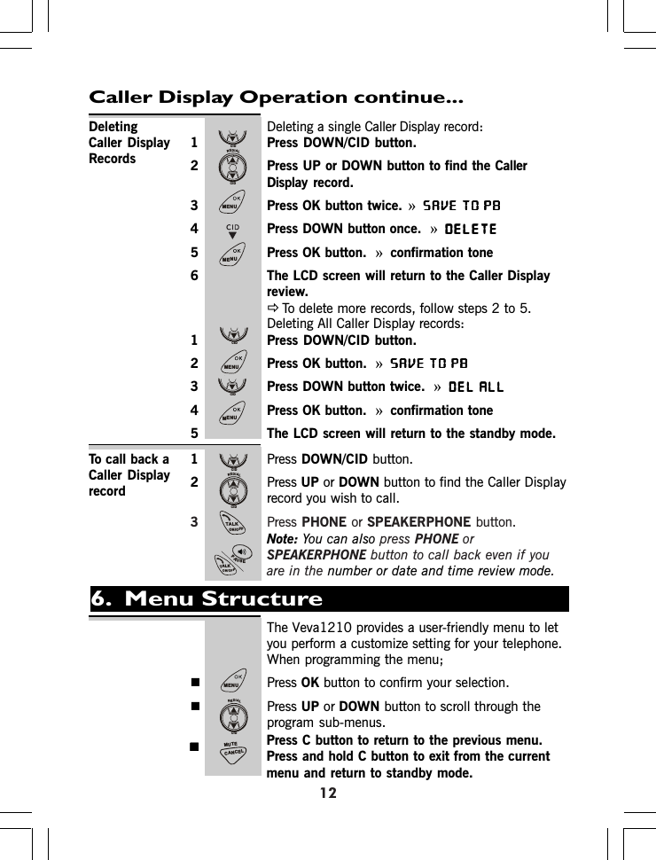 Caller Display Operation continue...Deleting a single Caller Display record:1 Press DOWN/CID button.2 Press UP or DOWN button to find the CallerDisplay record.3 Press OK button »SAVE TO PBSAVE TO PBSAVE TO PBSAVE TO PBSAVE TO PB4 Press DOWN button once. »DELETEDELETEDELETEDELETEDELETE5 Press OK button. »confirmation tone6 The LCD screen will return to the Caller Displayreview.ÖTo delete more records, follow steps 2 to 5.Deleting All Caller Display records:1 Press DOWN/CID button.2 Press OK button. »SAVE TO PBSAVE TO PBSAVE TO PBSAVE TO PBSAVE TO PB3 Press DOWN button twice. »DEL ALLDEL ALLDEL ALLDEL ALLDEL ALL4 Press OK button. »confirmation tone5 The LCD screen will return to the standby mode.1Press DOWN/C D button.2Press UP or DOWN button to find the Caller Displayrecord you wish to call.3Press PHONE or SPEAKERPHONE button.Note: You can also press PHONE orSPEAKERPHONE button to call back even if youare in the number or date and time review mode.Theyou perform a customize setting for your telephone.When programming the menu;Press OK button to confirm your selection.Press UP or DOWN button to scroll through theprogram sub-menus.1DeletingCaller DisplayRecordsTo call back aCaller Displayrecord2twice   .Press C button to return to the previous menu.Press and hold C button to exit from the currentmenu and return to standby mode.6.  Menu Structureprovides a user-friendly menu to letICIDREDIALCIDMENUMENUCIDMENUCIDMENUCIDREDIALCIDTALKON/OFFPAUSETALKON/OFFMENUREDIALCIDCANCELMUTEVeva1210
