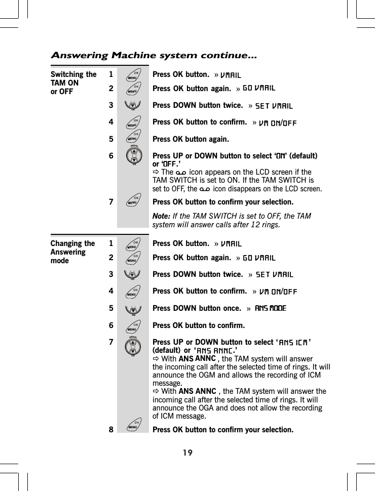 Answering Machine system continue...191 Press OK button.  »2 Press OK button again. »3 Press DOWN button twice.  »4 Press OK button to confirm.  »5 Press OK button again.6 Press UP or DOWN button to select ‘ONONONONON’ (default)or ‘OFFOFFOFFOFFOFF.’ÖThe icon appears on the LCD screen if theTAM SWITCH is set to ON. If the TAM SWITCH isset to OFF, the icon disappears on the LCD screen.7 Press OK button to confirm your selection.Note: If the TAM SWITCH is set to OFF, the TAMsystem will answer calls after 12 rings.Switching theTAM ONor OFF1 Press OK button.  »2 Press OK button again. »3 Press DOWN button twice.  »4 Press OK button to confirm.  »5 Press DOWN button once.  »ANS MODEANS MODEANS MODEANS MODEANS MODE6 Press OK button to confirm.7 Press UP or DOWN button to select ‘  ’(default) or ‘ .’ÖWith ANSannounce the OGM and allows the recording of ICMmessage.ÖWith ANS , the TAM system will answer theincoming call after the selected time of rings. It willannounce the OGA and does not allow the recordingof ICM message.8 Press OK button to confirm your selection.Changing theAnsweringmode, the TAM system will answerthe incoming call after the selected time of rings. It willMENUMENUCIDMENUMENUREDIALCIDMENUMENUMENUCIDMENUCIDMENUREDIALCIDMENUVMAILVMAILGOSET VMAIL VM ON OFF/VMAILVMAILGOSET VMAIL VM ON OFF/ANS ICMANNCANS ANNCANNC