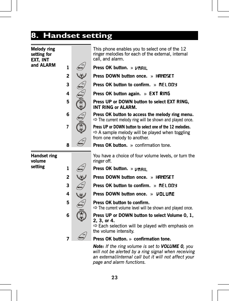 23This phone enables you to select one of the 12ringer melodies for each of the external, internalcall, and alarm.1 Press OK button. »2 Press DOWN button once.  »HANDSETHANDSETHANDSETHANDSETHANDSET3 Press OK button to confirm.  »MELODYMELODYMELODYMELODYMELODY4 Press OK button again.  »EXT RINGEXT RINGEXT RINGEXT RINGEXT RINGMelody ringsetting forEXT, INTand ALARM5 Press UP or DOWN button to select EXT RING,INT RING or ALARM.6 Press OK button to access the melody ring menu.ÖThe current melody ring will be shown and played once.7 Press UP or DOWN button to select one of the 12 melodies.ÖA sample melody will be played when togglingfrom one melody to another.8 Press OK button. »confirmation tone.You have a choice of four volume levels, or turn theringer off.1 Press OK button. »2 Press DOWN button once.  »HANDSETHANDSETHANDSETHANDSETHANDSET3 Press OK button to confirm.  »MELODYMELODYMELODYMELODYMELODY4 Press DOWN button once.  »VOLUMEVOLUMEVOLUMEVOLUMEVOLUME5 Press OK button to confirm.ÖThe current volume level will be shown and played once.6 Press UP or DOWN button to select Volume 0, 1,2, 3, or 4.ÖEach selection will be played with emphasis onthe volume intensity.7 Press OK button. »confirmation tone.Note: If the ring volume is set to VOLUME 0, youwill not be alerted by a ring signal when receivingan external/internal call but it will not affect yourpage and alarm functions.Handset ringvolumesetting8.  Handset settingMENUCIDMENUMENUREDIALCIDMENUREDIALCIDMENUMENUCIDMENUCIDMENUREDIALCIDMENUVMAILVMAIL