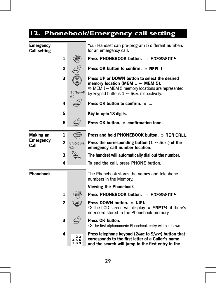 Your Handset can pre-program 5 different numbersfor an emergency call.1 Press PHONEBOOK button. »EMERGENCYEMERGENCYEMERGENCYEMERGENCYEMERGENCY2 Press OK button to confirm. »MEM 1MEM 1MEM 1MEM 1MEM 13 Press UP or DOWN button to select the desiredmemory location (MEM 1 ~ MEM 5).ÖMEM 1~MEM 5 memory locations are representedby keypad buttons 1 ~ 5/JKL respectively.4 Press OK button to confirm. »_____56 Press OK button. »confirmation tone.29EmergencyCall setting12.  Phonebook/Emergency call setting1 Press and hold PHONEBOOK button. »MEM CALLMEM CALLMEM CALLMEM CALLMEM CALL2 Press the corresponding button (1 ~ 5/JKL) of theemergency call number location.3The handset will automatically dial out the number.4 To end the call, press PHONE button.Making anEmergencyCallPhonebook The Phonebook stores the names and telephonenumbers in the Memory.Viewing the Phonebook1 Press PHONEBOOK button. »EMERGENCYEMERGENCYEMERGENCYEMERGENCYEMERGENCY2 Press DOWN button.  »VIEWVIEWVIEWVIEWVIEWÖThe LCD screen will display »EMPTYEMPTYEMPTYEMPTYEMPTY  if there’sno record stored in the Phonebook memory.3 Press OK button.ÖThe first alphanumeric Phonebook entry will be shown.4 Press telephone keypad (2/ABC to 9/WXY) button thatcorresponds to the first letter of a Caller’s nameand the search will jump to the first entry in theKey in upto 18 digits.PHONEBOOKFLASHMENUREDIALCIDMENUMENUPHONEBOOKFLASHTALKON/OFFPHONEBOOKFLASHCIDMENU