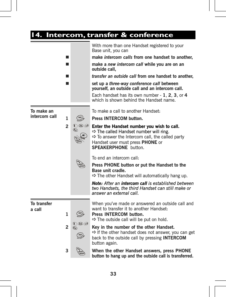 3314.  Intercom, transfer &amp; conferenceWith more than one Handset registered to yourBase unit, you canmake intercom calls from one handset to another,make a new intercom call while you are on anoutside call,transfer an outside call from one handset to another,set up a three-way conference call betweenyourself, an outside call and an intercom call.Each handset has its own number - 1,2,3, or 4which is shown behind the Handset name.To make a call to another Handset:1 Press INTERCOM button.2Enter the Handset number you wish to call.ÖThe called Handset number will ring.ÖTo answer the Intercom call, the called partyHandset user must press PHONE orSPEAKERPHONE button.To end an intercom call:Press PHONE button or put the Handset to theBase unit cradle.ÖThe other Handset will automatically hang up.Note: After an intercom call is established betweentwo Handsets, the third Handset can still make oranswer an external call.To make anintercom callWhen you’ve made or answered an outside call andwant to transfer it to another Handset:1 Press INTERCOM button.ÖThe outside call will be put on hold.2 Key in the number of the other Handset.ÖIf the other handset does not answer, you can getback to the outside call by pressing INTERCOMbutton again.3 When the other Handset answers, press PHONEbutton to hang up and the outside call is transferred.To transfera callPAUSETALKON/OFFTALKON/OFFTALKON/OFF