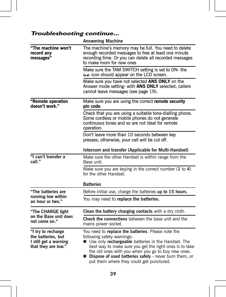 Answering Machine“The machine won’t The machine’s memory may be full. You need to deleterecord any enough recorded messages to free at least one minutemessages” recording time. Or you can delete all recorded messagesto make room for new onesMake sure the TAM SWITCH setting is set to ON- theicon should appear on the LCD screen.Make sure you have not selected ANS ONLY on theAnswer mode setting- with ANS ONLY selected, callerscannot leave messages (see page 19).“Remote operation Make sure you are using the correct remote securitydoesn’t work.” pin code.Check that you are using a suitable tone-dialling phone.Some cordless or mobile phones do not generatecontinuous tones and so are not ideal for remoteoperation.Don’t leave more than 10 seconds between keypresses; otherwise, your call will be cut off.Intercom and transfer (Applicable for Multi-Handset)Make sure the other Handset is within range from theBase unit.Make sure you are keying in the correct number (1to 4)for the other Handset.BatteriesBefore initial use, charge the batteries up to 15 hours.You may need to replace the batteries.Clean the battery charging contacts with a dry cloth.Check the connections between the base unit and themains power socket.39Troubleshooting continue...“I can’t transfer acall.”“The batteries arerunning low withinan hour or two.”“The CHARGE lighton the Base unit doesnot come on.“You need to replace the batteries. Please note thefollowing safety warnings:Use only rechargeable batteries in the Handset. Thebest way to make sure you get the right ones is to takethe old ones with you when you go to buy new ones.Dispose of used batteries safely - never burn them, orput them where they could get punctured.“I try to rechargethe batteries, butI still get a warningthat they are low.”