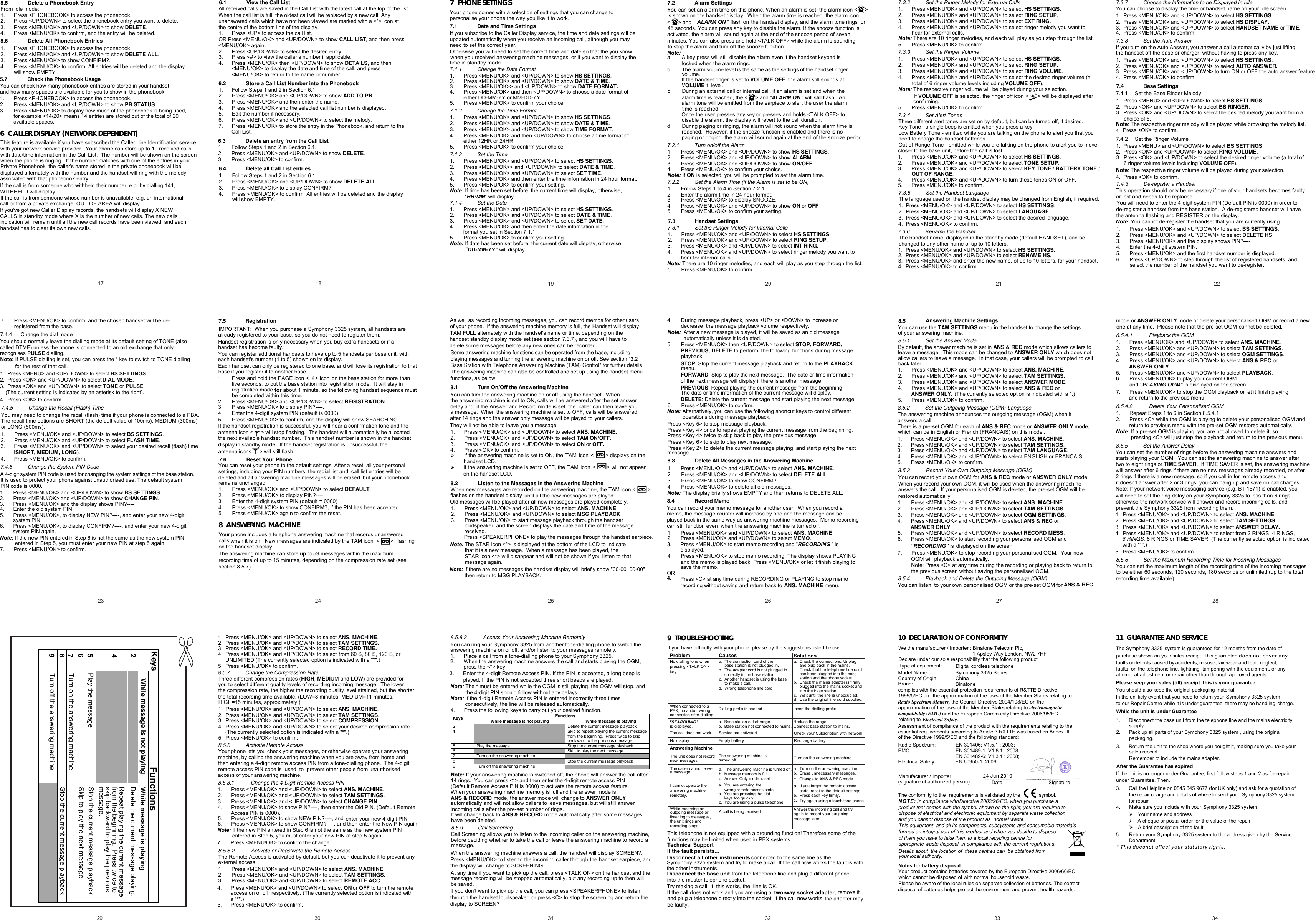 Page 2 of 2 - Binatone Binatone-Symphony-3325-Users-Manual- A2-K  Binatone-symphony-3325-users-manual