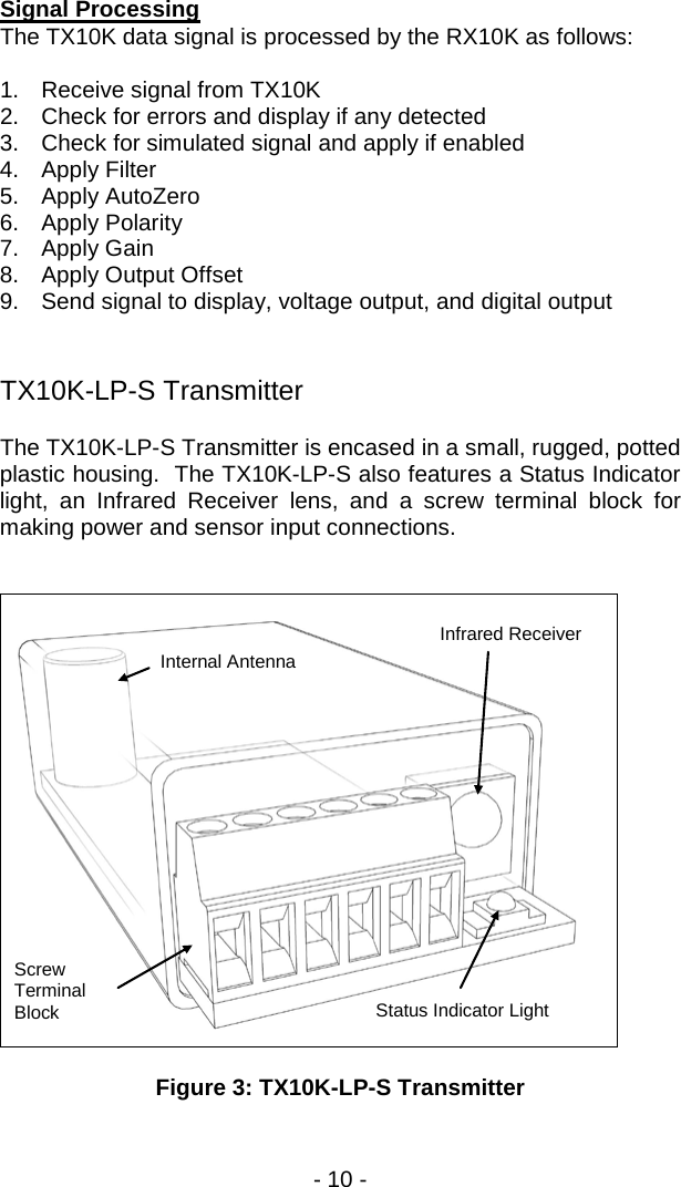 - 10 -  Signal Processing The TX10K data signal is processed by the RX10K as follows:  1. Receive signal from TX10K 2. Check for errors and display if any detected 3. Check for simulated signal and apply if enabled 4. Apply Filter 5. Apply AutoZero 6. Apply Polarity 7. Apply Gain 8. Apply Output Offset 9. Send signal to display, voltage output, and digital output  TX10K-LP-S Transmitter The TX10K-LP-S Transmitter is encased in a small, rugged, potted plastic housing.  The TX10K-LP-S also features a Status Indicator light, an Infrared Receiver lens, and a screw terminal block for making power and sensor input connections.       Figure 3: TX10K-LP-S Transmitter Infrared Receiver Status Indicator Light Screw Terminal Block Internal Antenna 