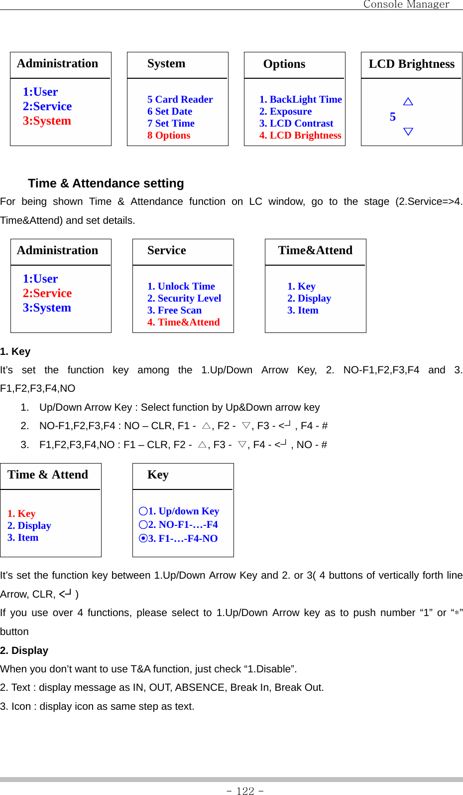                                Console Manager               - 122 -                 Time &amp; Attendance setting For being shown Time &amp; Attendance function on LC window, go to the stage (2.Service=&gt;4. Time&amp;Attend) and set details.                 1. Key   It’s set the function key among the 1.Up/Down Arrow Key, 2. NO-F1,F2,F3,F4 and 3. F1,F2,F3,F4,NO 1.  Up/Down Arrow Key : Select function by Up&amp;Down arrow key 2.  NO-F1,F2,F3,F4 : NO – CLR, F1 -  △, F2 -  ▽, F3 - &lt;┘, F4 - # 3.  F1,F2,F3,F4,NO : F1 – CLR, F2 -  △, F3 -  ▽, F4 - &lt;┘, NO - #         It’s set the function key between 1.Up/Down Arrow Key and 2. or 3( 4 buttons of vertically forth line Arrow, CLR, &lt;┘) If you use over 4 functions, please select to 1.Up/Down Arrow key as to push number “1” or “*” button 2. Display When you don’t want to use T&amp;A function, just check “1.Disable”.   2. Text : display message as IN, OUT, ABSENCE, Break In, Break Out. 3. Icon : display icon as same step as text. 1. Unlock Time 2. Security Level 3. Free Scan 4. Time&amp;Attend Administration  1:User 2:Service 3:System   Service Time&amp;Attend 1. Key 2. Display 3. Item Time &amp; Attend   1. Key 2. Display 3. Item Key ○1. Up/down Key ○2. NO-F1-…-F4 ⊙3. F1-…-F4-NO     △ 5      ▽ 5 Card Reader 6 Set Date 7 Set Time 8 Options Administration  1:User 2:Service 3:System   System  LCD Brightness 1. BackLight Time 2. Exposure 3. LCD Contrast 4. LCD Brightness Options 