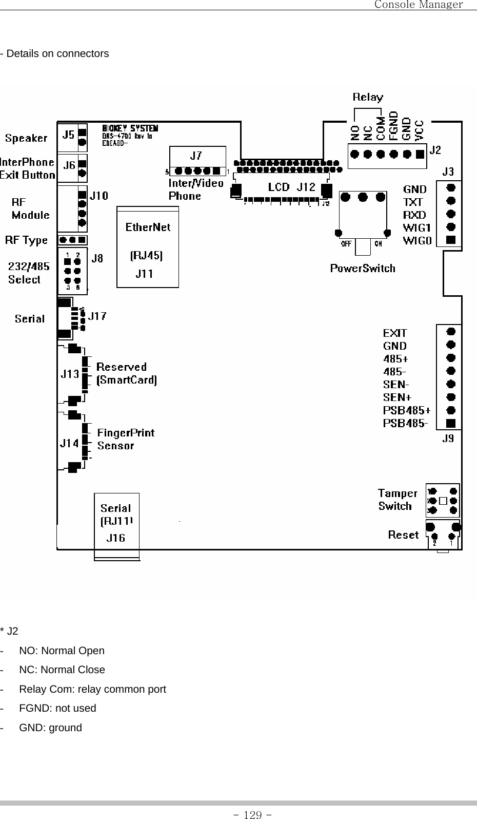                                Console Manager               - 129 -- Details on connectors   * J2   - NO: Normal Open -  NC: Normal Close -  Relay Com: relay common port -  FGND: not used - GND: ground 