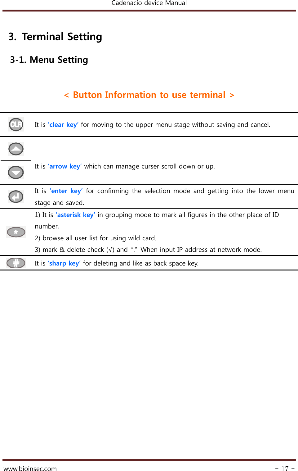 Cadenacio device Manual  www.bioinsec.com - 17 -  3. Terminal Setting 3-1. Menu Setting     &lt; Button Information to use terminal &gt;                                      It is ‘clear key’ for moving to the upper menu stage without saving and cancel.    It is ‘arrow key’ which can manage curser scroll down or up.    It  is  ‘enter  key’ for confirming the selection mode and getting into the lower menu stage and saved.  1) It is ‘asterisk key’ in grouping mode to mark all figures in the other place of ID number,   2) browse all user list for using wild card.   3) mark &amp; delete check (√) and  “.”  When input IP address at network mode.  It is ‘sharp key’ for deleting and like as back space key.     