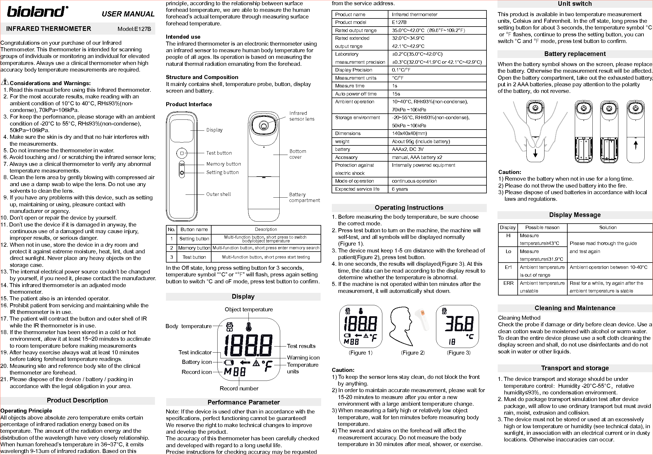 Bioland Technology IRTB001 The product is an infrared thermometer User Manual E127B MANUAL FDA