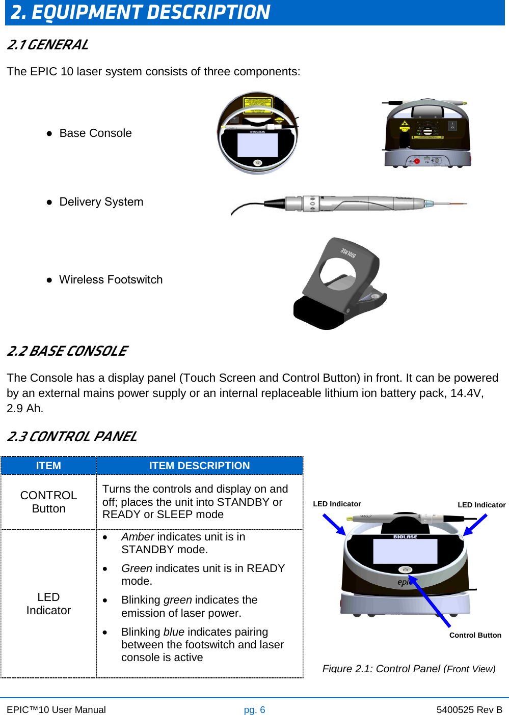 EPIC™10 User Manual pg. 6 5400525 Rev B     2. EQUIPMENT DESCRIPTION 2.1 GENERAL The EPIC 10 laser system consists of three components: ●  Base Console        ●  Delivery System     ●  Wireless Footswitch   2.2 BASE CONSOLE The Console has a display panel (Touch Screen and Control Button) in front. It can be powered by an external mains power supply or an internal replaceable lithium ion battery pack, 14.4V, 2.9 Ah. 2.3 CONTROL PANEL ITEM ITEM DESCRIPTION         CONTROL Button Turns the controls and display on and off; places the unit into STANDBY or READY or SLEEP mode LED Indicator • Amber indicates unit is in STANDBY mode. • Green indicates unit is in READY mode. • Blinking green indicates the emission of laser power. • Blinking blue indicates pairing between the footswitch and laser console is active    Figure 2.1: Control Panel (Front View) LED Indicator LED Indicator Control Button 