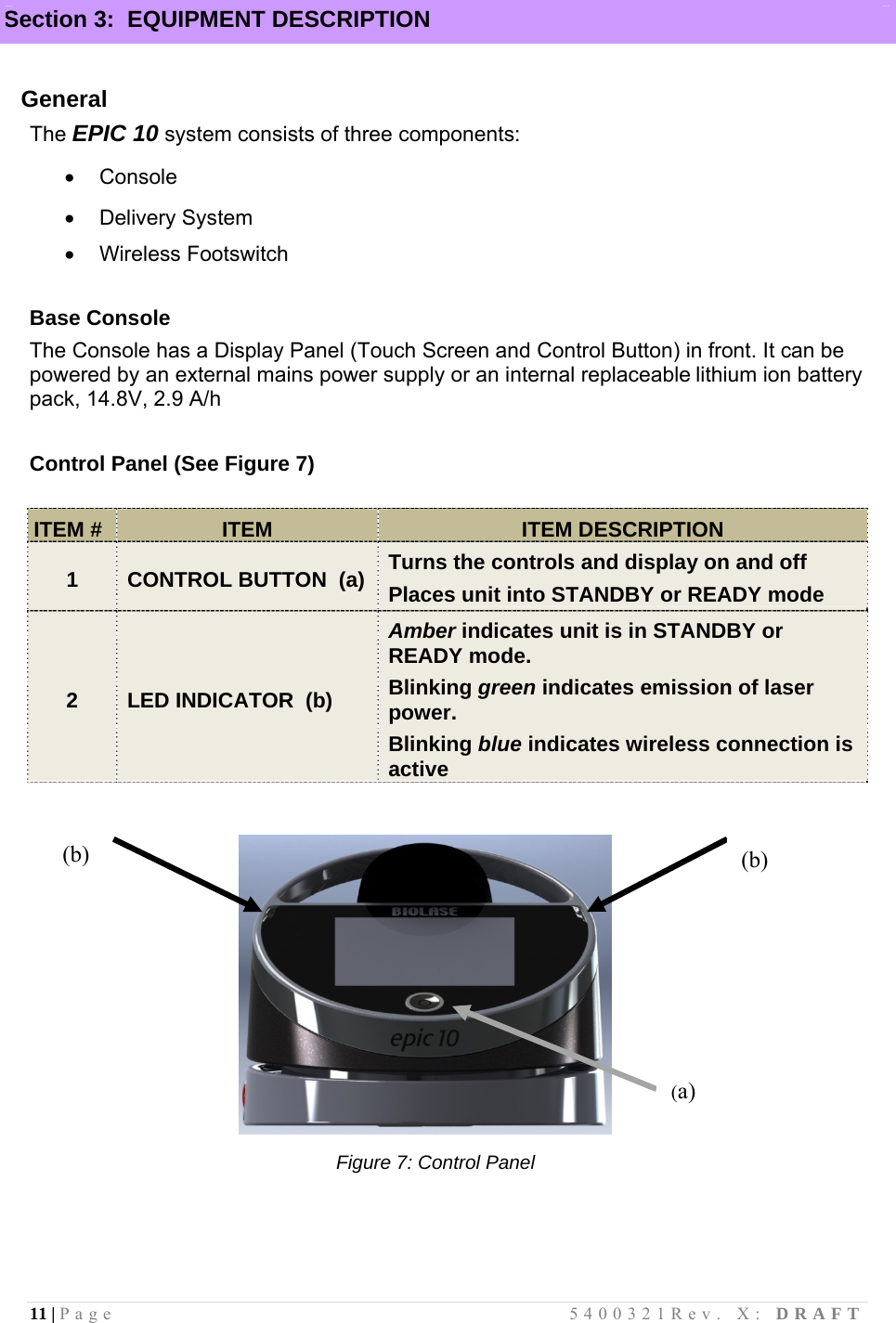 11 | Page                                       5400321Rev. X: DRAFT  Section 3:  EQUIPMENT DESCRIPTION  General The EPIC 10 system consists of three components:   Console     Delivery System    Wireless Footswitch  Base Console The Console has a Display Panel (Touch Screen and Control Button) in front. It can be powered by an external mains power supply or an internal replaceablelithium ion battery pack, 14.8V, 2.9 A/h  Control Panel (See Figure 7)  ITEM # ITEM ITEM DESCRIPTION 1 CONTROL BUTTON  (a) Turns the controls and display on and off Places unit into STANDBY or READY mode 2 LED INDICATOR  (b) Amber indicates unit is in STANDBY or READY mode. Blinking green indicates emission of laser power. Blinking blue indicates wireless connection is active                                                              Figure 7: Control Panel      (a) (b) (b) 