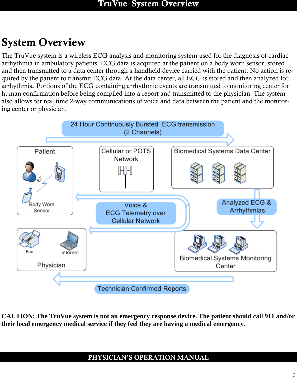  6  TruVue  System Overview   System Overview The TruVue system is a wireless ECG analysis and monitoring system used for the diagnosis of cardiac arrhythmia in ambulatory patients. ECG data is acquired at the patient on a body worn sensor, stored and then transmitted to a data center through a handheld device carried with the patient. No action is re-quired by the patient to transmit ECG data. At the data center, all ECG is stored and then analyzed for arrhythmia. Portions of the ECG containing arrhythmic events are transmitted to monitoring center for human confirmation before being compiled into a report and transmitted to the physician. The system also allows for real time 2-way communications of voice and data between the patient and the monitor-ing center or physician.                     CAUTION: The TruVue system is not an emergency response device. The patient should call 911 and/or their local emergency medical service if they feel they are having a medical emergency.   PHYSICIAN’S OPERATION MANUAL 