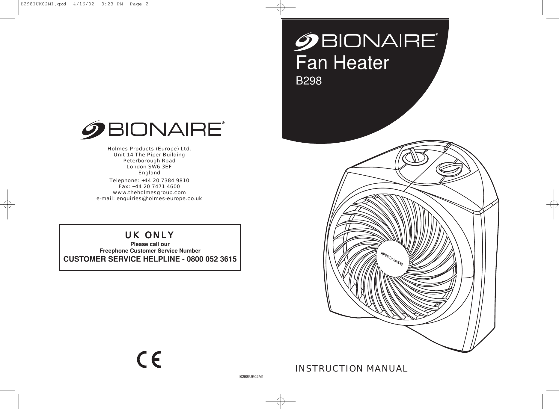 Page 1 of 2 - Bionaire Bionaire-B298-Users-Manual- B298IUK02M1  Bionaire-b298-users-manual