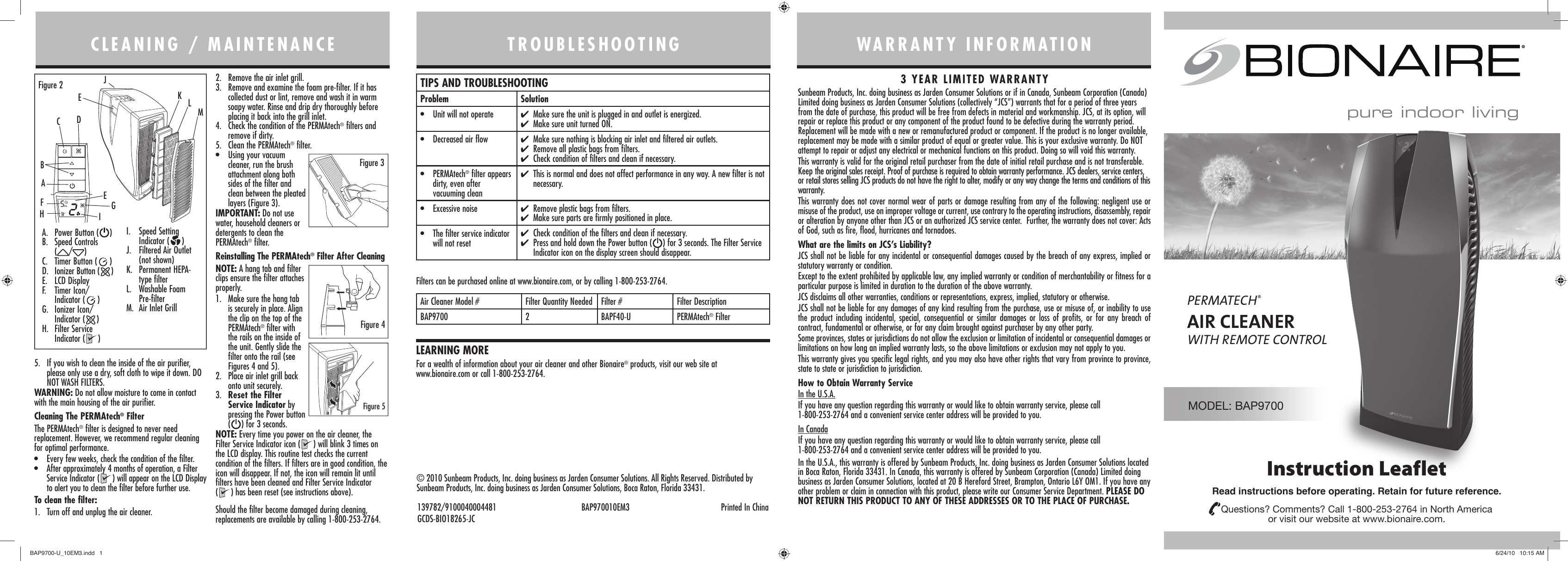 Page 1 of 2 - Bionaire Bionaire-Bap9700-Users-Manual- BAP9700-U_10EM3  Bionaire-bap9700-users-manual