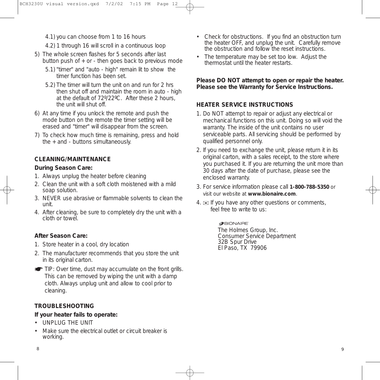 Page 6 of 7 - Bionaire Bionaire-Bch3230-Users-Manual- BCH3230U Visual Version  Bionaire-bch3230-users-manual