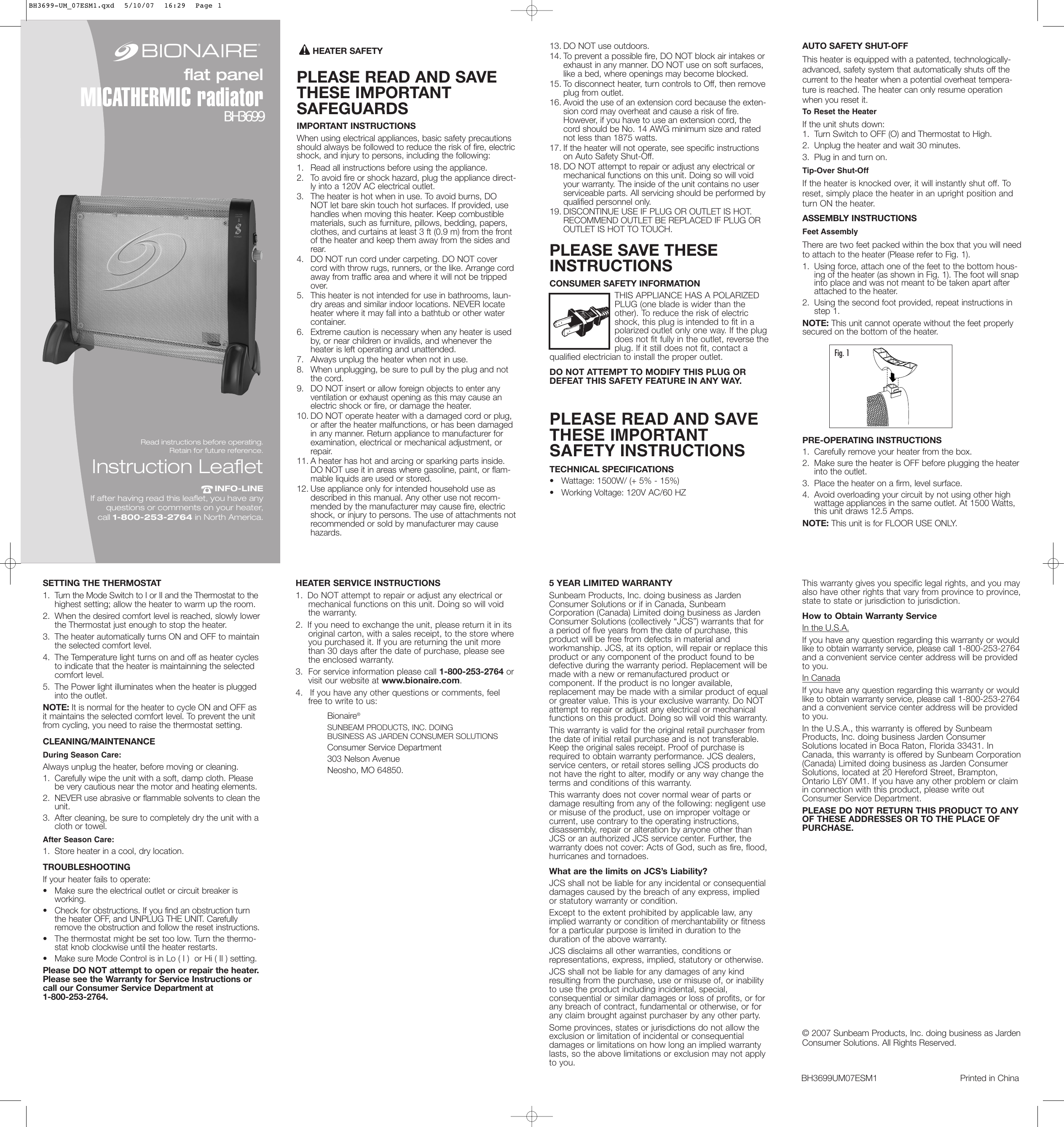 Page 1 of 2 - Bionaire Bionaire-Bh3699-Users-Manual- BH3699-UM_07ESM1  Bionaire-bh3699-users-manual