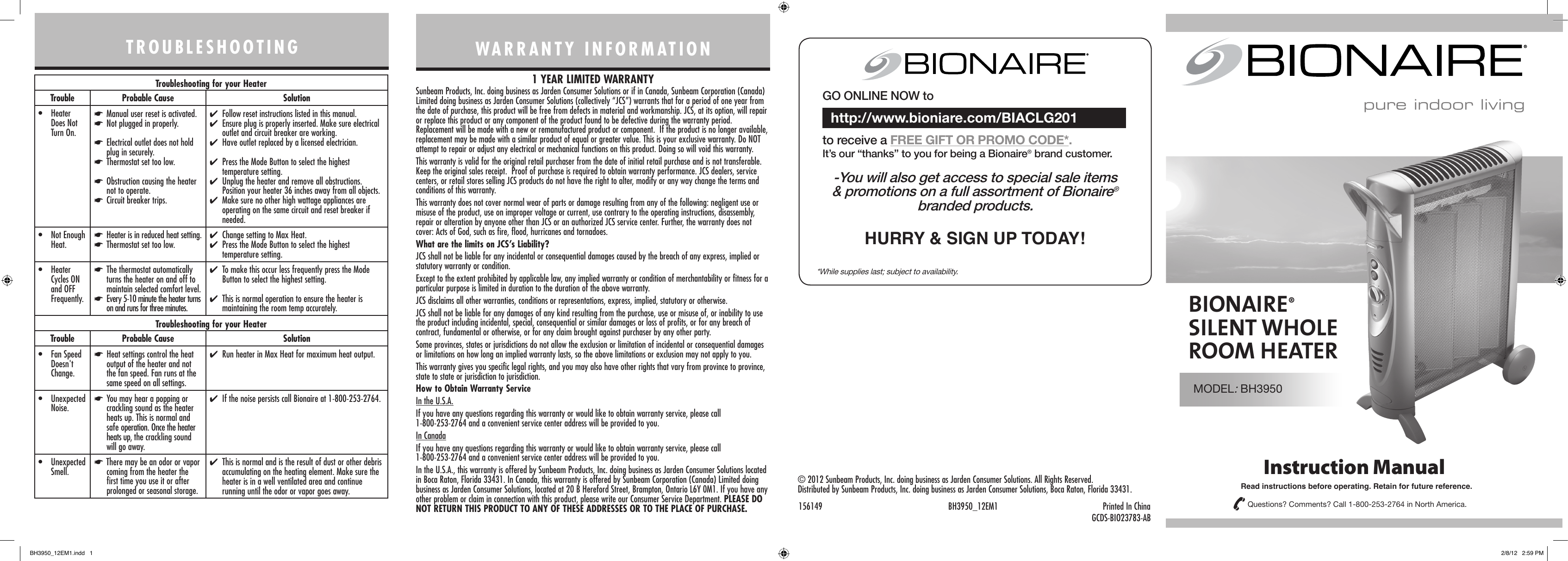 Page 1 of 2 - Bionaire Bionaire-Bh3950-Owner-S-Manual