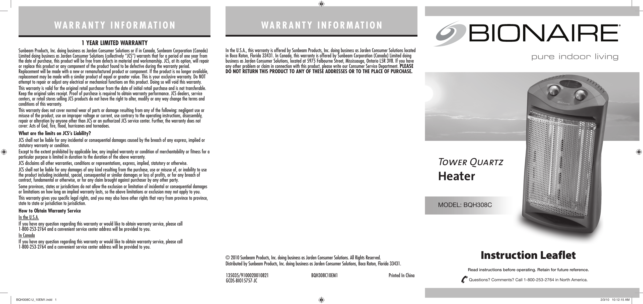 Page 1 of 2 - Bionaire Bionaire-Bqh308C-U-Owner-S-Manual BQH308C-U_10EM1