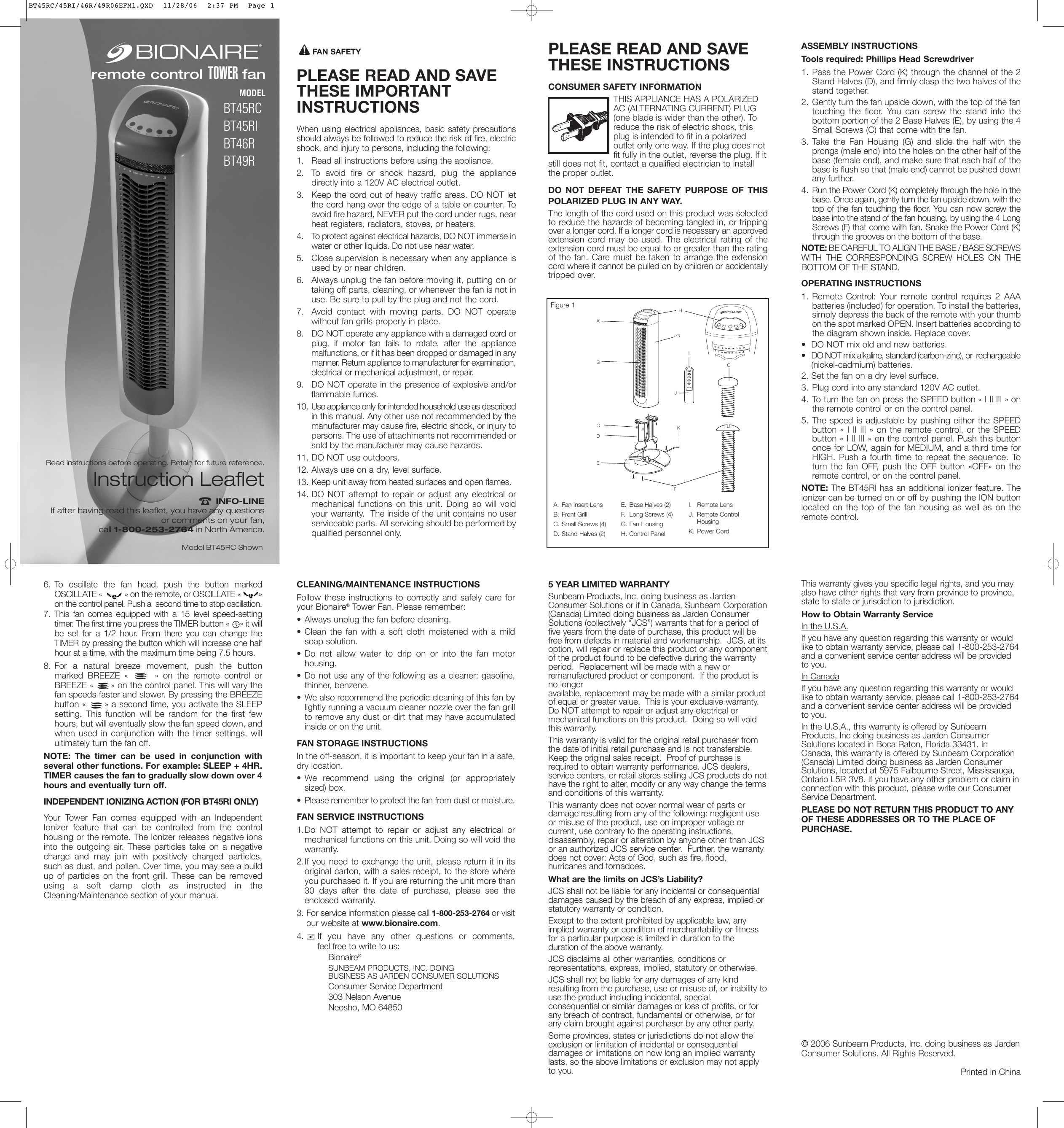 Page 1 of 2 - Bionaire Bionaire-Bt45Ri-Users-Manual- BT45RC/45RI/46R/49R06EFM1  Bionaire-bt45ri-users-manual