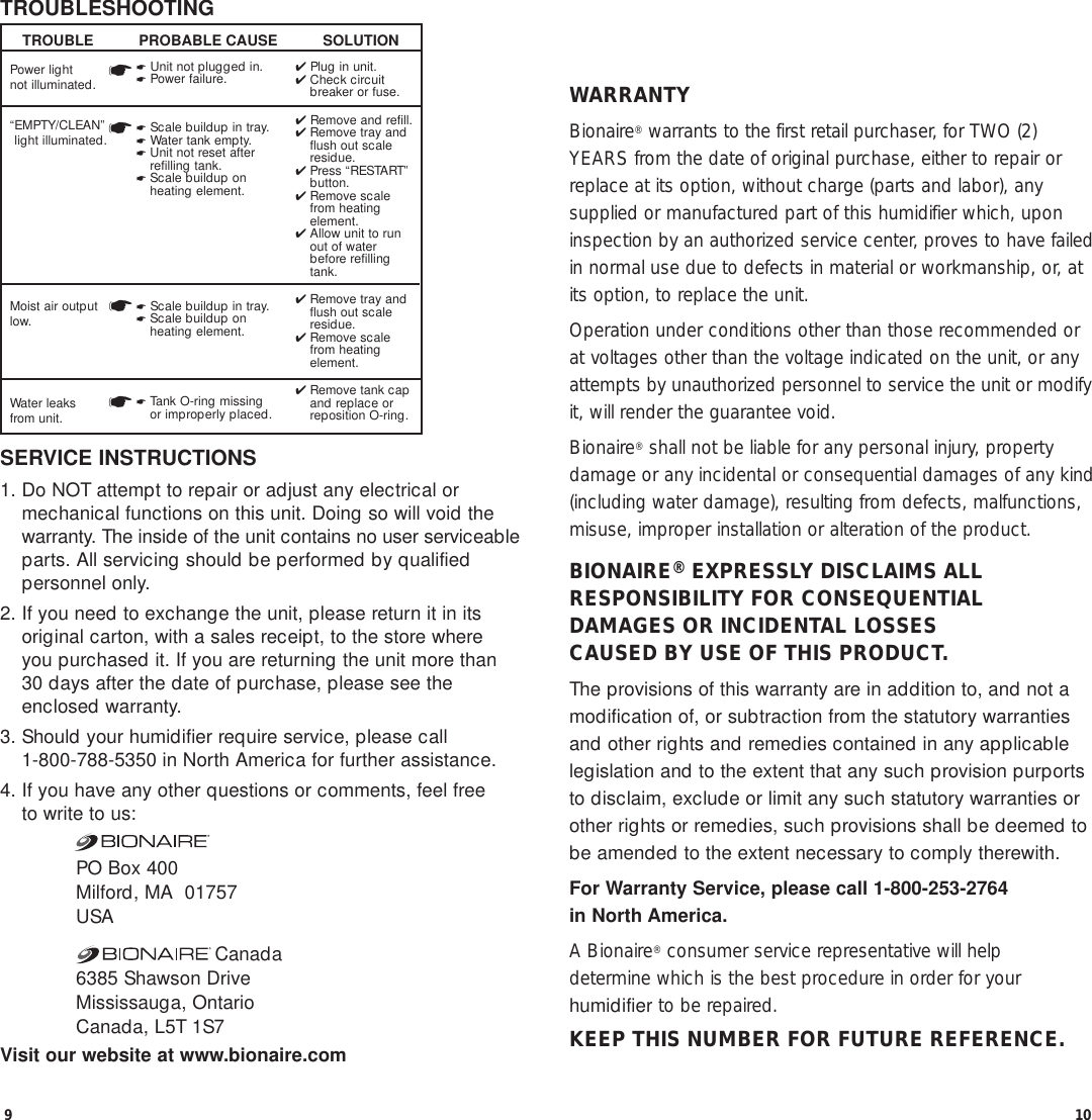 Page 10 of 11 - Bionaire Bionaire-Cp0260-Users-Manual- Bionaire-cp0260-users-manual
