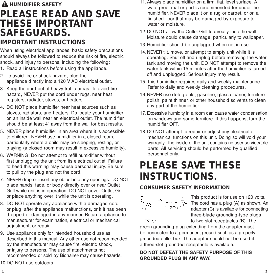 Page 3 of 11 - Bionaire Bionaire-Cp0260-Users-Manual- Bionaire-cp0260-users-manual