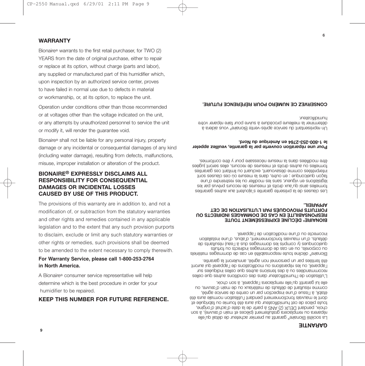 Page 10 of 10 - Bionaire Bionaire-Cp2550-Users-Manual-  Bionaire-cp2550-users-manual