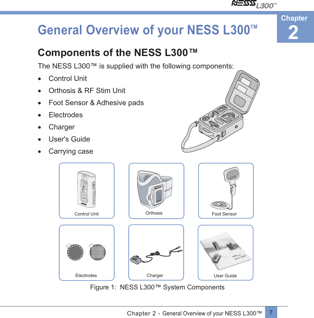 7Chapter 2 - General Overview of your NESS L300™General Overview of your NESS L300TMComponents of the NESS L300™The NESS L300™ is supplied with the following components:•  Control Unit•  Orthosis &amp; RF Stim Unit•  Foot Sensor &amp; Adhesive pads•  Electrodes•  Charger •  User&apos;s Guide •  Carrying caseChargerControl UnitUser GuideFoot SensorElectrodesOrthosis Figure 1:  NESS L300™ System Components2Chapter