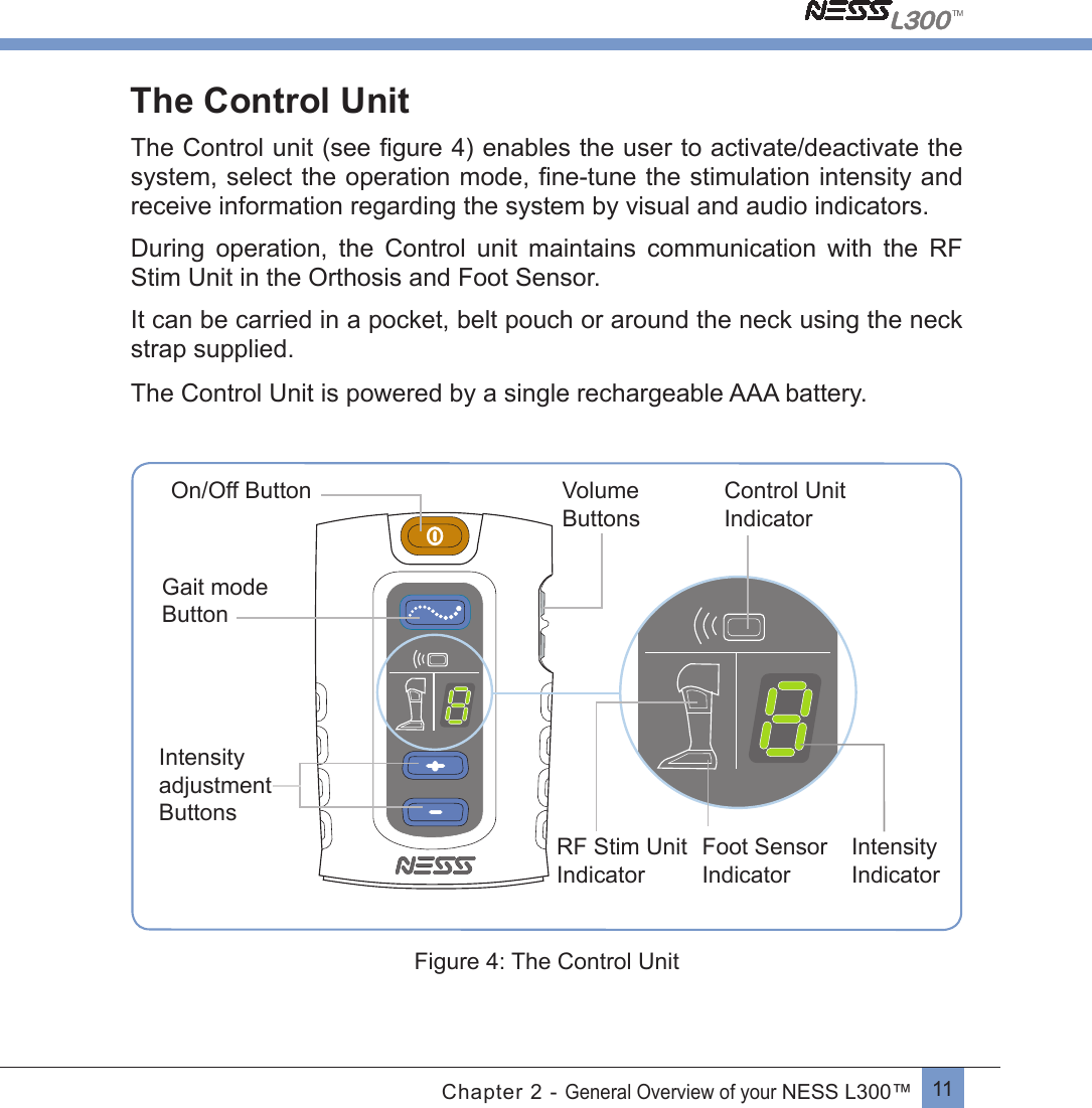 11Chapter 2 - General Overview of your NESS L300™The Control UnitThe Control unit (see ﬁgure 4) enables the user to activate/deactivate thesystem, select the operation mode, ﬁne-tune the stimulation intensity andreceive information regarding the system by visual and audio indicators. During  operation,  the  Control  unit  maintains  communication  with  the  RF Stim Unit in the Orthosis and Foot Sensor.It can be carried in a pocket, belt pouch or around the neck using the neck strap supplied.The Control Unit is powered by a single rechargeable AAA battery.On/Off ButtonGait mode Button Intensity adjustment ButtonsIntensity IndicatorVolume Buttons Control Unit Indicator Foot Sensor Indicator RF Stim Unit Indicator Figure 4: The Control Unit