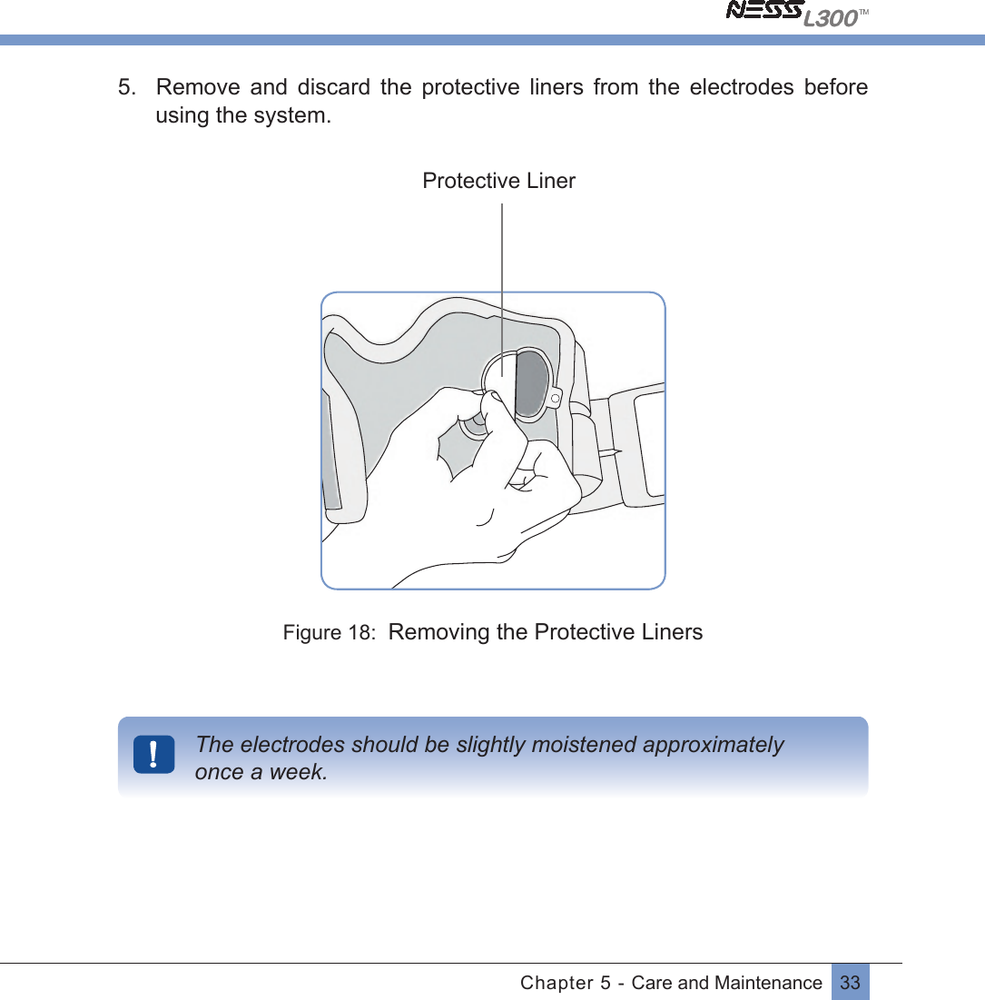 33Chapter 5 - Care and Maintenance5.    Remove  and  discard  the  protective  liners  from  the  electrodes  before using the system.  Protective LinerFigure 18:  Removing the Protective LinersThe electrodes should be slightly moistened approximately        once a week.