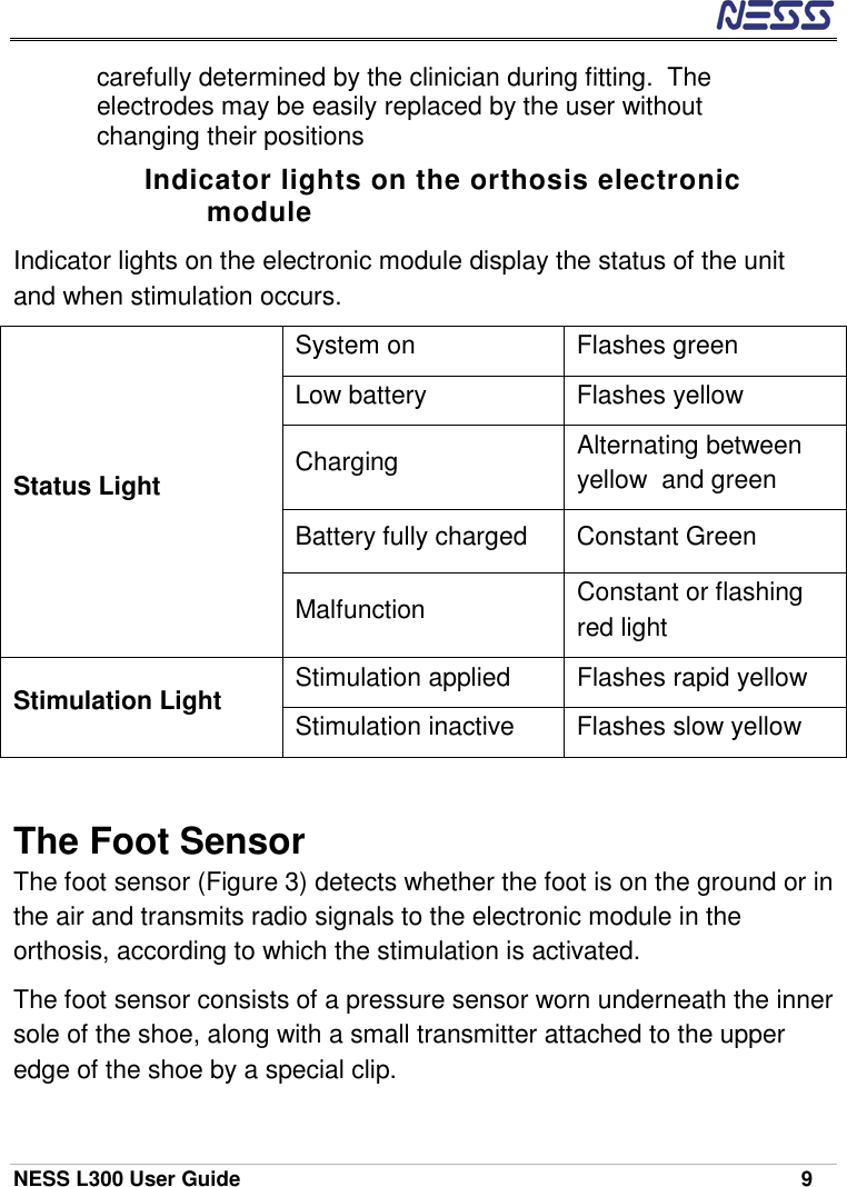  NESS L300 User Guide    9 carefully determined by the clinician during fitting.  The electrodes may be easily replaced by the user without changing their positions  Indicator lights on the orthosis electronic module Indicator lights on the electronic module display the status of the unit and when stimulation occurs. System on  Flashes green Low battery  Flashes yellow Charging   Alternating between yellow  and green Battery fully charged  Constant Green Status Light Malfunction  Constant or flashing red light Stimulation applied  Flashes rapid yellow Stimulation Light  Stimulation inactive  Flashes slow yellow  The Foot Sensor The foot sensor (Figure 3) detects whether the foot is on the ground or in the air and transmits radio signals to the electronic module in the orthosis, according to which the stimulation is activated. The foot sensor consists of a pressure sensor worn underneath the inner sole of the shoe, along with a small transmitter attached to the upper edge of the shoe by a special clip. 