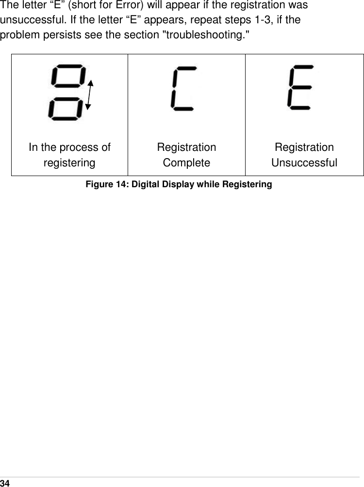  34   The letter “E” (short for Error) will appear if the registration was unsuccessful. If the letter “E” appears, repeat steps 1-3, if the problem persists see the section &quot;troubleshooting.&quot;     In the process of registering     Registration Complete     Registration Unsuccessful Figure 14: Digital Display while Registering 