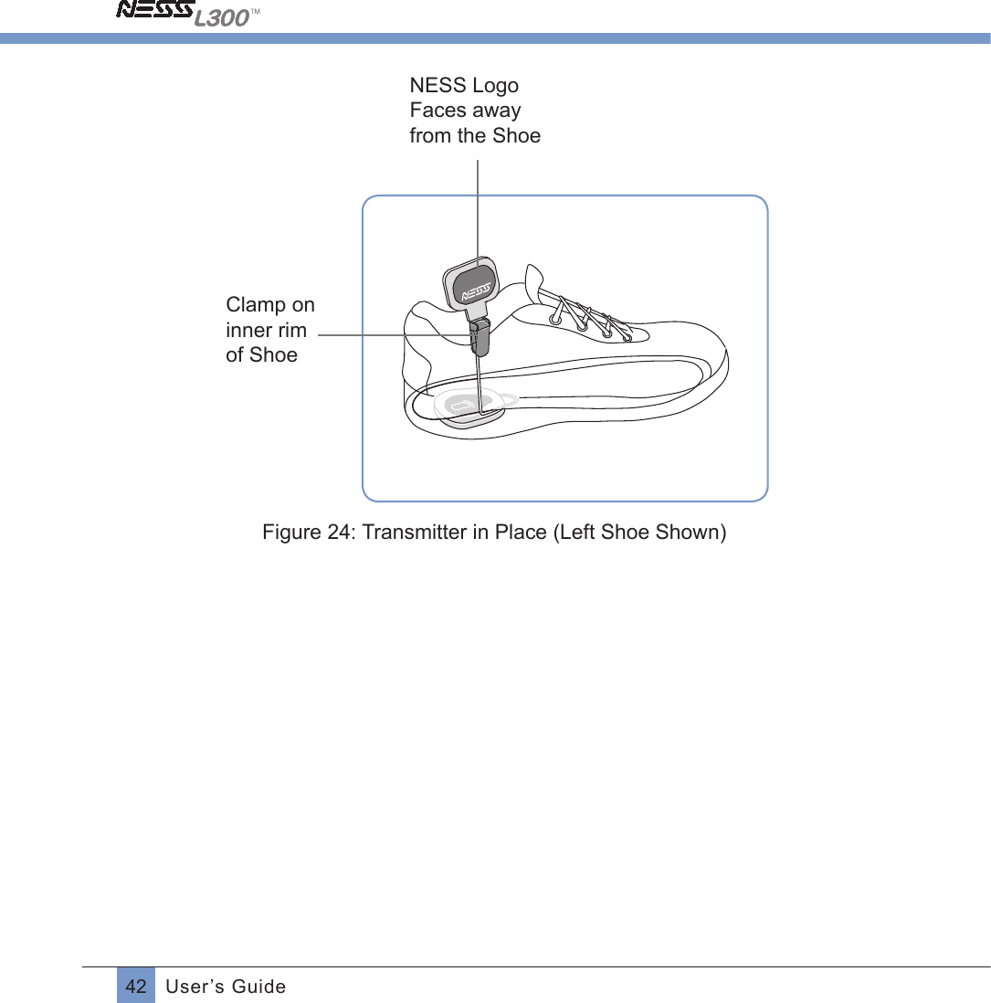 42 User’s Guide NESS Logo Faces away from the ShoeClamp on  inner rim of ShoeFigure 24: Transmitter in Place (Left Shoe Shown)