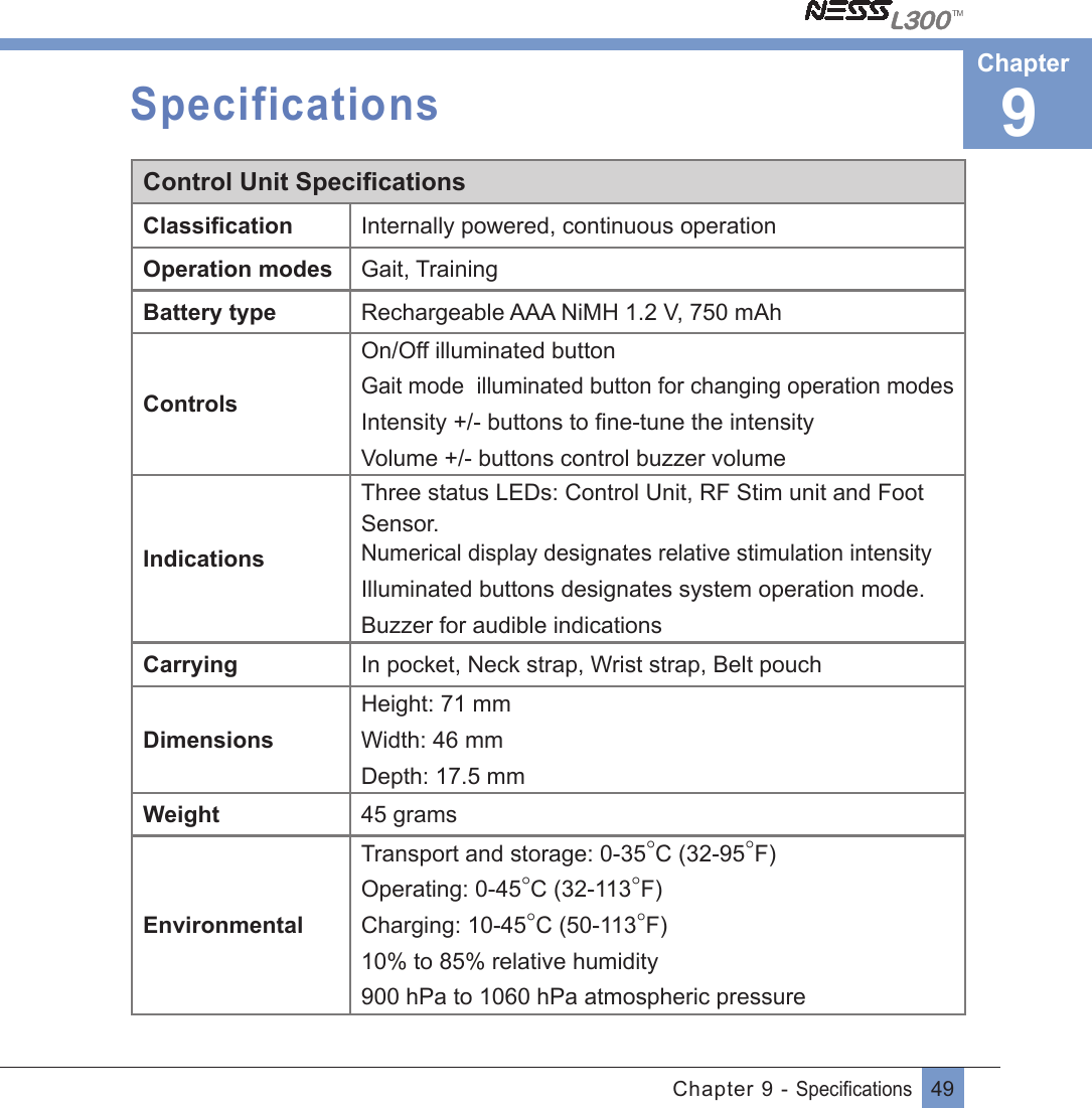 49Chapter 9 - SpeciﬁcationsSpecificationsControl Unit SpeciﬁcationsClassiﬁcation Internally powered, continuous operationOperation modes Gait, TrainingBattery type Rechargeable AAA NiMH 1.2 V, 750 mAhControlsOn/Off illuminated buttonGait mode  illuminated button for changing operation modesIntensity +/- buttons to ﬁne-tune the intensityVolume +/- buttons control buzzer volumeIndicationsThree status LEDs: Control Unit, RF Stim unit and Foot Sensor. Numerical display designates relative stimulation intensityIlluminated buttons designates system operation mode.Buzzer for audible indicationsCarrying In pocket, Neck strap, Wrist strap, Belt pouchDimensionsHeight: 71 mmWidth: 46 mmDepth: 17.5 mmWeight 45 gramsEnvironmentalTransport and storage: 0-35°C (32-95°F)Operating: 0-45°C (32-113°F)Charging: 10-45°C (50-113°F)10% to 85% relative humidity900 hPa to 1060 hPa atmospheric pressure9Chapter