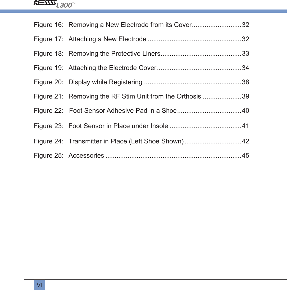 VIFigure 16:   Removing a New Electrode from its Cover ...........................32Figure 17:   Attaching a New Electrode ...................................................32Figure 18:   Removing the Protective Liners ............................................33Figure 19:   Attaching the Electrode Cover ..............................................34Figure 20:   Display while Registering .....................................................38Figure 21:   Removing the RF Stim Unit from the Orthosis .....................39Figure 22:   Foot Sensor Adhesive Pad in a Shoe ...................................40Figure 23:   Foot Sensor in Place under Insole .......................................41Figure 24:   Transmitter in Place (Left Shoe Shown) ...............................42Figure 25:   Accessories ..........................................................................45