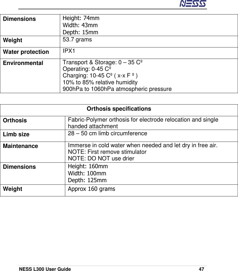  NESS L300 User Guide    47 Dimensions  Height: 74mm Width: 43mm Depth: 15mm Weight  53.7 grams Water protection    IPX1 Environmental  Transport &amp; Storage: 0 – 35 Cº  Operating: 0-45 Cº  Charging: 10-45 Cº ( x-x F º ) 10% to 85% relative humidity 900hPa to 1060hPa atmospheric pressure  Orthosis specifications Orthosis  Fabric-Polymer orthosis for electrode relocation and single handed attachment Limb size    28 – 50 cm limb circumference Maintenance  Immerse in cold water when needed and let dry in free air. NOTE: First remove stimulator NOTE: DO NOT use drier Dimensions  Height: 160mm Width: 100mm Depth: 125mm Weight  Approx 160 grams      