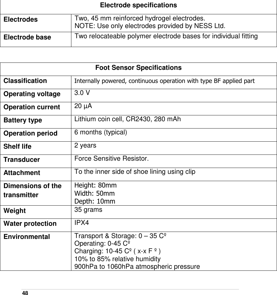  48   Electrode specifications Electrodes  Two, 45 mm reinforced hydrogel electrodes.  NOTE: Use only electrodes provided by NESS Ltd. Electrode base    Two relocateable polymer electrode bases for individual fitting   Foot Sensor Specifications Classification  Internally powered, continuous operation with type BF applied part Operating voltage    3.0 V Operation current    20 µA Battery type    Lithium coin cell, CR2430, 280 mAh Operation period    6 months (typical) Shelf life    2 years Transducer  Force Sensitive Resistor. Attachment  To the inner side of shoe lining using clip Dimensions of the transmitter  Height: 80mm Width: 50mm Depth: 10mm Weight  35 grams Water protection    IPX4 Environmental  Transport &amp; Storage: 0 – 35 Cº  Operating: 0-45 Cº  Charging: 10-45 Cº ( x-x F º ) 10% to 85% relative humidity 900hPa to 1060hPa atmospheric pressure  