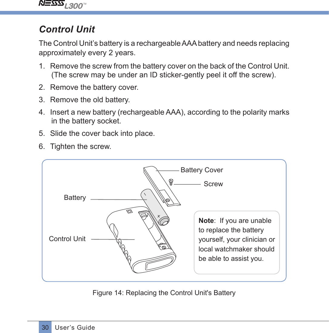 30 User’s GuideControl UnitThe Control Unit’s battery is a rechargeable AAA battery and needs replacing approximately every 2 years. 1.  Remove the screw from the battery cover on the back of the Control Unit. (The screw may be under an ID sticker-gently peel it off the screw).2.  Remove the battery cover.3.  Remove the old battery.4.  Insert a new battery (rechargeable AAA), according to the polarity marks in the battery socket.5.  Slide the cover back into place.6.  Tighten the screw.Note:  If you are unable to replace the battery yourself, your clinician or local watchmaker should be able to assist you.Control Unit ScrewBatteryBattery Cover Figure 14: Replacing the Control Unit&apos;s Battery