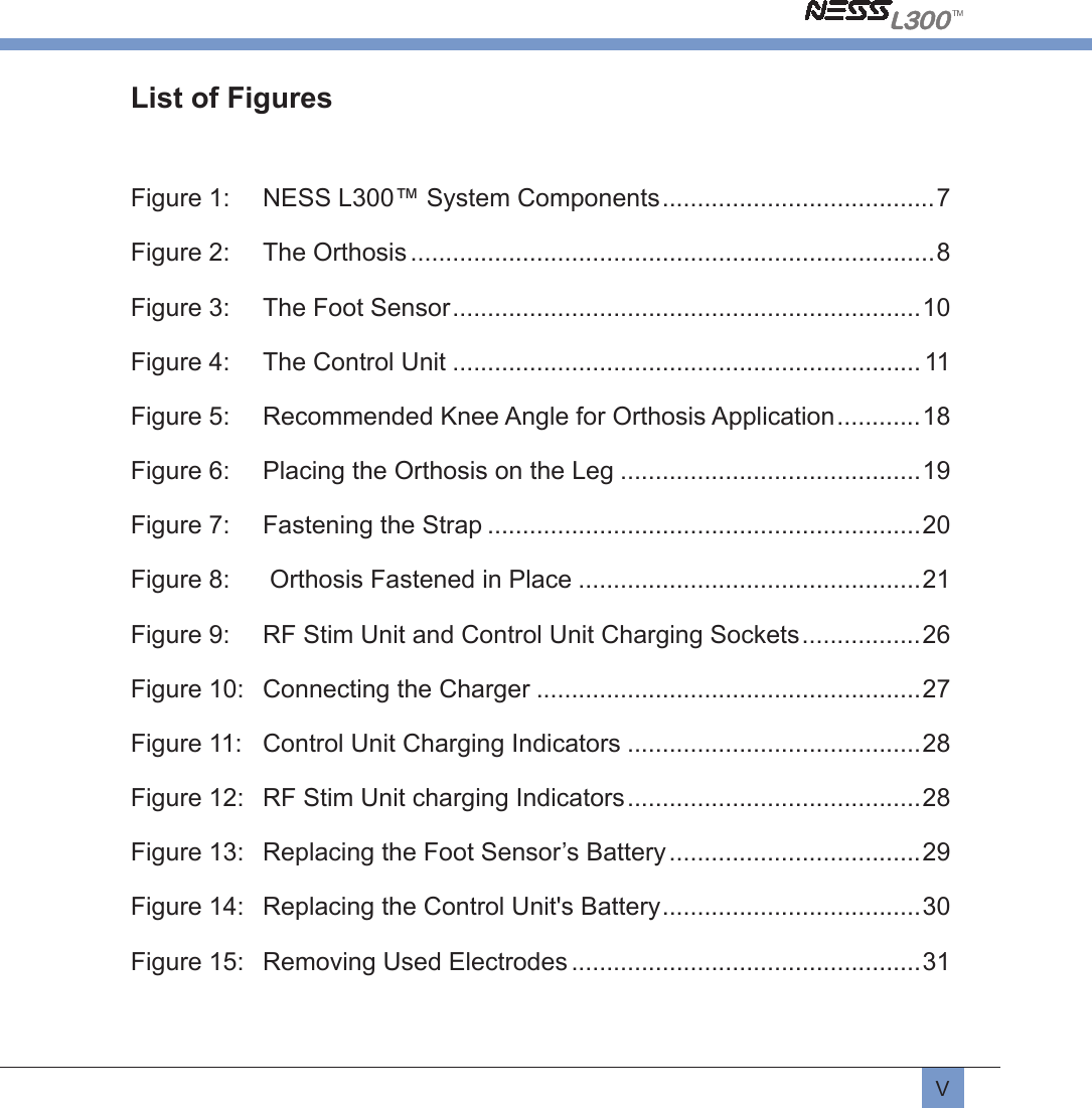 VList of FiguresFigure 1:  NESS L300™ System Components .......................................7Figure 2:  The Orthosis ...........................................................................8Figure 3:  The Foot Sensor ...................................................................10Figure 4:  The Control Unit ................................................................... 11Figure 5:  Recommended Knee Angle for Orthosis Application ............18Figure 6:  Placing the Orthosis on the Leg ...........................................19Figure 7:  Fastening the Strap ..............................................................20Figure 8:   Orthosis Fastened in Place .................................................21Figure 9:  RF Stim Unit and Control Unit Charging Sockets .................26Figure 10:   Connecting the Charger .......................................................27Figure 11:   Control Unit Charging Indicators ..........................................28Figure 12:   RF Stim Unit charging Indicators ..........................................28Figure 13:   Replacing the Foot Sensor’s Battery ....................................29Figure 14:   Replacing the Control Unit&apos;s Battery .....................................30Figure 15:  Removing Used Electrodes ..................................................31