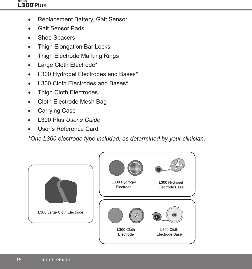 16 User&apos;s Guide •Replacement Battery, Gait Sensor •Gait Sensor Pads •Shoe Spacers •Thigh Elongation Bar Locks •Thigh Electrode Marking Rings •Large Cloth Electrode* •L300 Hydrogel Electrodes and Bases* •L300 Cloth Electrodes and Bases* •Thigh Cloth Electrodes •Cloth Electrode Mesh Bag •Carrying Case •L300 Plus User’s Guide •User’s Reference Card*One L300 electrode type included, as determined by your clinician.L300 Hydrogel ElectrodeL300 Cloth ElectrodeL300 HydrogelElectrode BaseL300 ClothElectrode BaseL300 Large Cloth Electrode