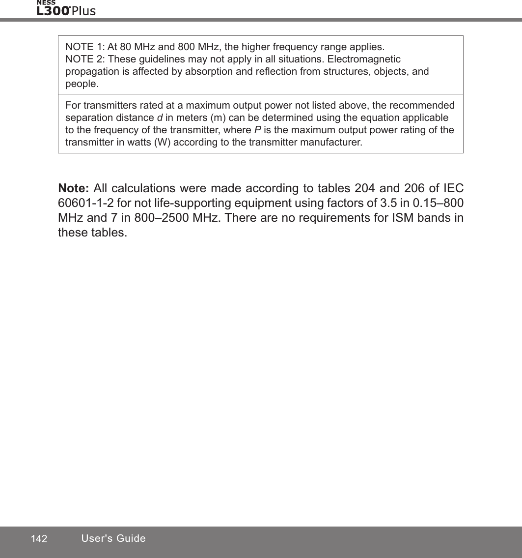 142 User&apos;s GuideNOTE 1: At 80 MHz and 800 MHz, the higher frequency range applies.NOTE 2: These guidelines may not apply in all situations. Electromagnetic propagation is affected by absorption and reection from structures, objects, and people.For transmitters rated at a maximum output power not listed above, the recommended separation distance d in meters (m) can be determined using the equation applicable to the frequency of the transmitter, where P is the maximum output power rating of the transmitter in watts (W) according to the transmitter manufacturer.Note: All calculations were made according to tables 204 and 206 of IEC 60601-1-2 for not life-supporting equipment using factors of 3.5 in 0.15–800 MHz and 7 in 800–2500 MHz. There are no requirements for ISM bands in these tables.