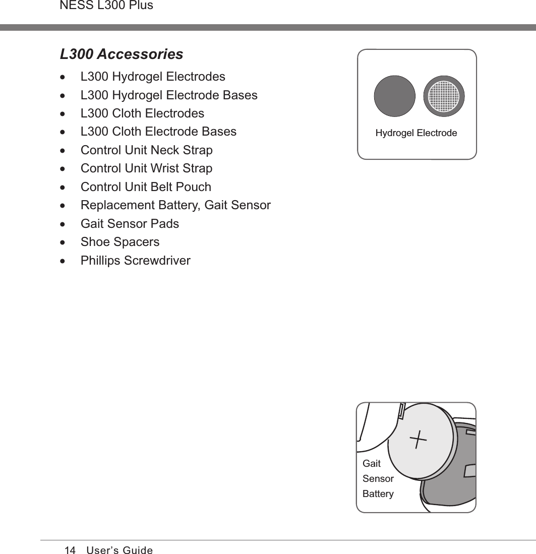 14NESS L300 PlusUser’s GuideL300 Accessories •L300 Hydrogel Electrodes •L300 Hydrogel Electrode Bases •L300 Cloth Electrodes •L300 Cloth Electrode Bases •Control Unit Neck Strap •Control Unit Wrist Strap •Control Unit Belt Pouch •Replacement Battery, Gait Sensor •Gait Sensor Pads •Shoe Spacers •Phillips ScrewdriverHydrogel ElectrodeGait Sensor Battery