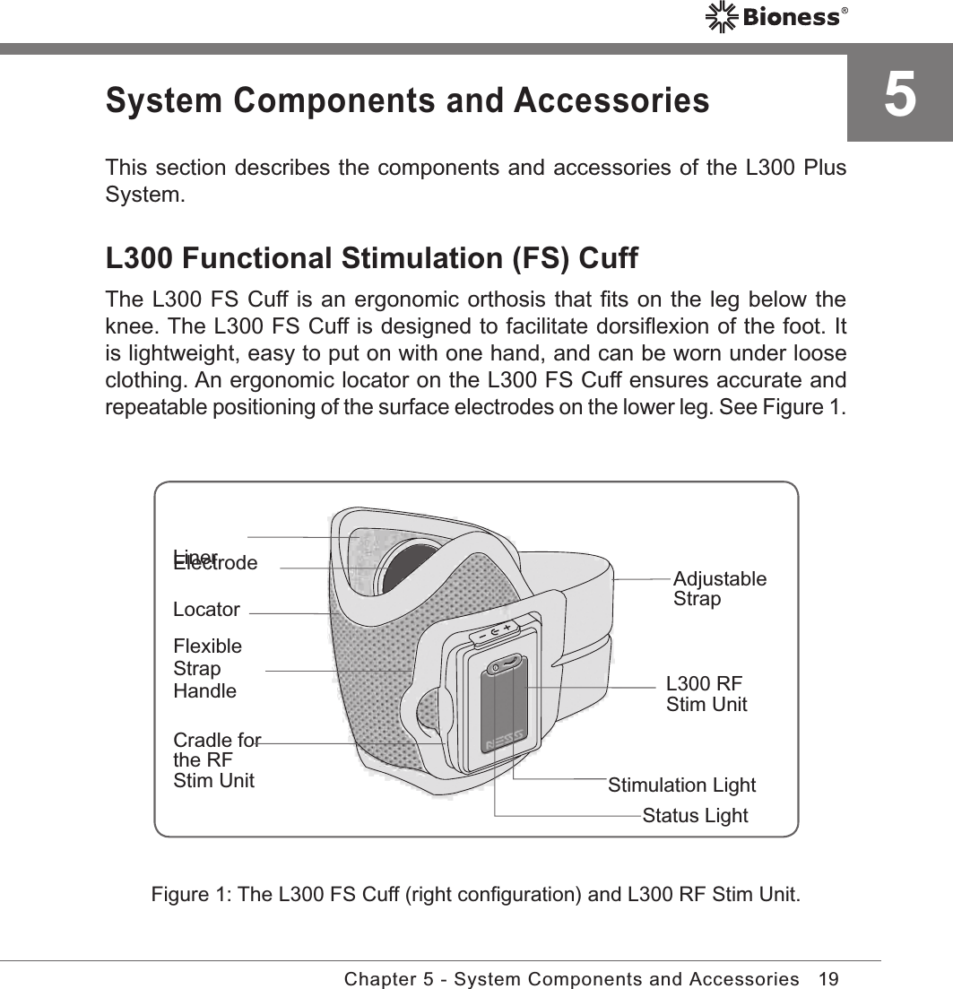 19Chapter 5 - System Components and Accessories5System Components and AccessoriesThis section describes the components and accessories of the L300 Plus System.L300 Functional Stimulation (FS) Cuff The L300 FS Cuff is an ergonomic orthosis that ﬁts on the leg below the knee. The L300 FS Cuff is designed to facilitate dorsiﬂexion of the foot. It is lightweight, easy to put on with one hand, and can be worn under loose clothing. An ergonomic locator on the L300 FS Cuff ensures accurate and repeatable positioning of the surface electrodes on the lower leg. See Figure 1.Figure 1: The L300 FS Cuff (right conﬁguration) and L300 RF Stim Unit.LinerElectrode LocatorFlexible Strap HandleCradle for the RF Stim UnitStatus LightStimulation LightL300 RF Stim UnitAdjustable Strap