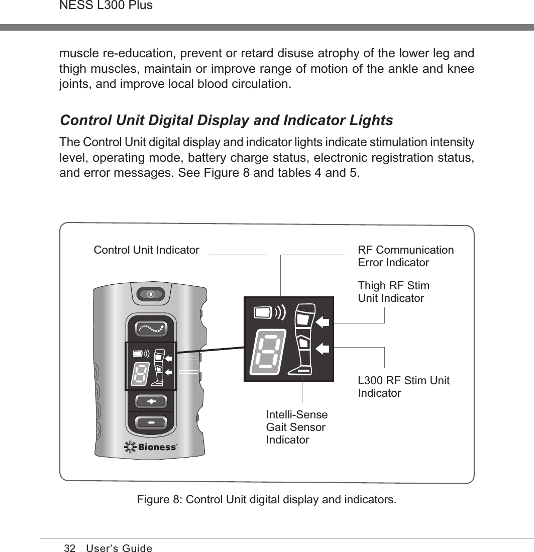 32NESS L300 PlusUser’s GuideIntelli-Sense Gait Sensor Indicator L300 RF Stim Unit Indicator Control Unit Indicator Thigh RF Stim Unit Indicator RF Communication Error IndicatorFigure 8: Control Unit digital display and indicators.muscle re-education, prevent or retard disuse atrophy of the lower leg and thigh muscles, maintain or improve range of motion of the ankle and knee joints, and improve local blood circulation.Control Unit Digital Display and Indicator LightsThe Control Unit digital display and indicator lights indicate stimulation intensity level, operating mode, battery charge status, electronic registration status, and error messages. See Figure 8 and tables 4 and 5.