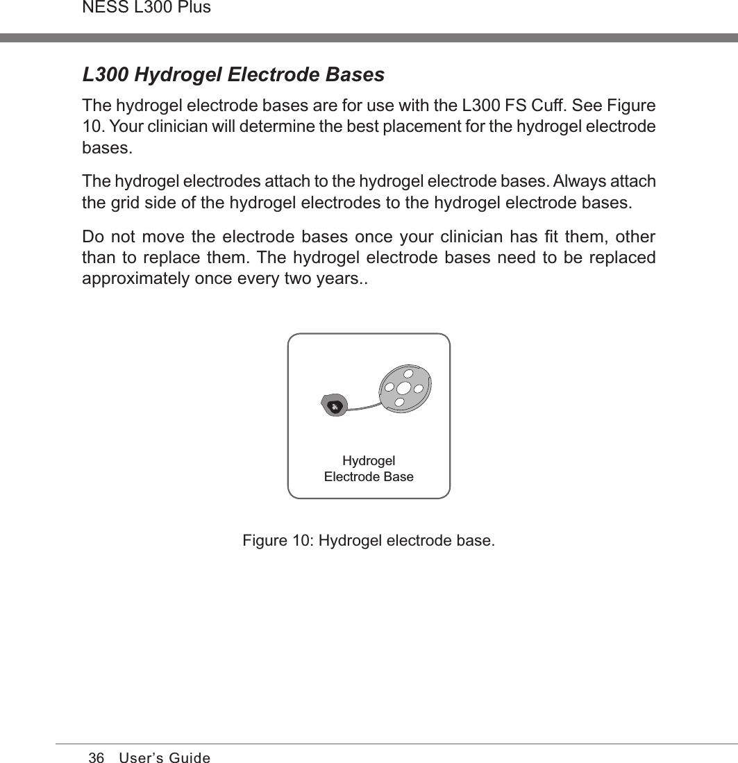 36NESS L300 PlusUser’s GuideL300 Hydrogel Electrode BasesThe hydrogel electrode bases are for use with the L300 FS Cuff. See Figure 10. Your clinician will determine the best placement for the hydrogel electrode bases.The hydrogel electrodes attach to the hydrogel electrode bases. Always attach the grid side of the hydrogel electrodes to the hydrogel electrode bases. Do not move the electrode bases once your clinician has ﬁt them, other than to replace them. The hydrogel electrode bases need to be replaced approximately once every two years..HydrogelElectrode BaseFigure 10: Hydrogel electrode base.