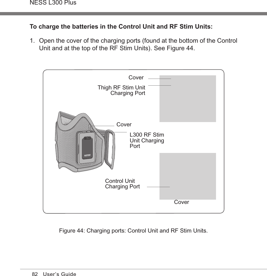 82NESS L300 PlusUser’s GuideTo charge the batteries in the Control Unit and RF Stim Units:1.  Open the cover of the charging ports (found at the bottom of the Control Unit and at the top of the RF Stim Units). See Figure 44.Figure 44: Charging ports: Control Unit and RF Stim Units.L300 RF Stim Unit Charging PortCoverCoverControl Unit Charging PortCoverThigh RF Stim Unit Charging Port