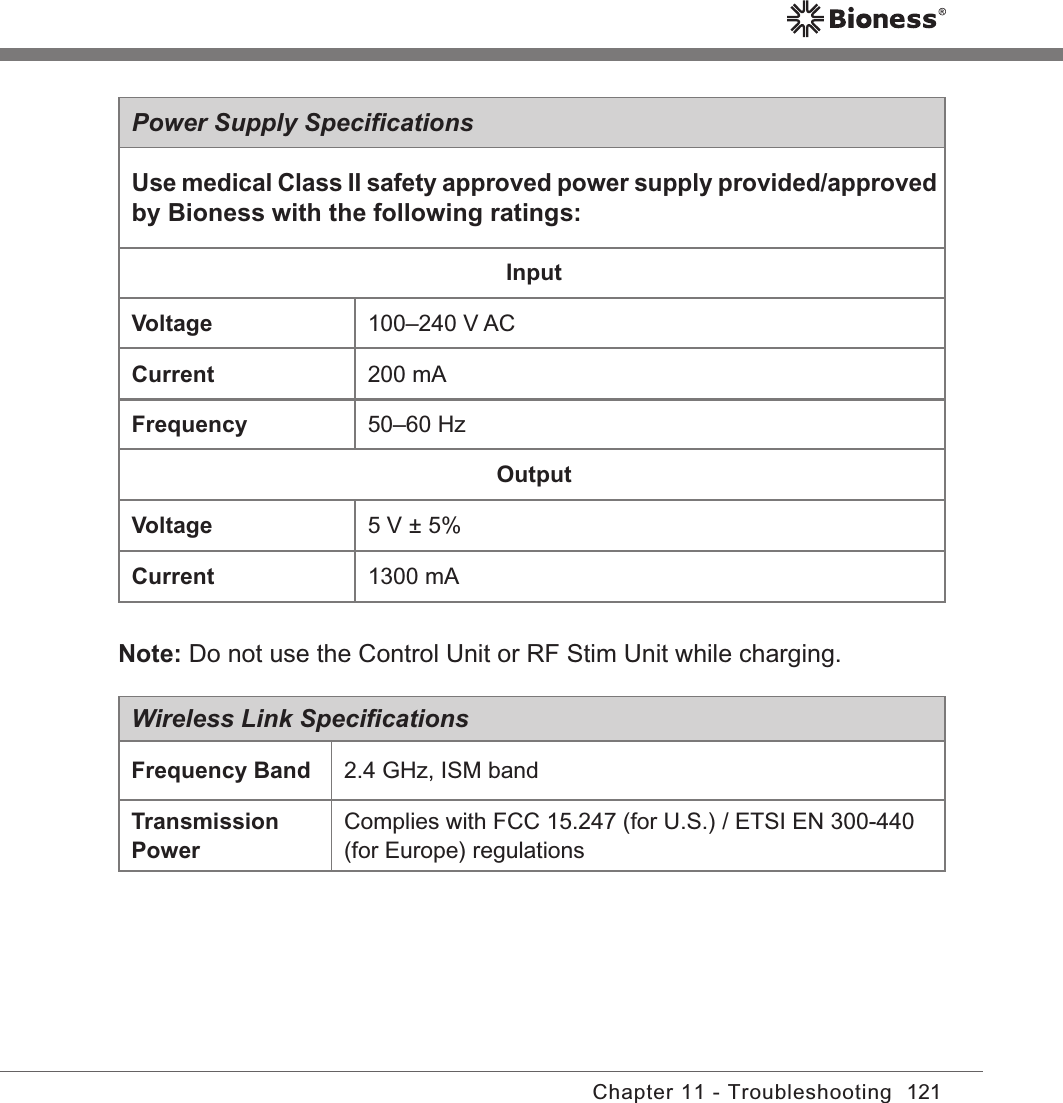 121Chapter 11 - TroubleshootingPower Supply SpeciﬁcationsUse medical Class II safety approved power supply provided/approved by Bioness with the following ratings:InputVoltage 100–240 V ACCurrent 200 mAFrequency 50–60 HzOutputVoltage 5 V ± 5%Current 1300 mANote: Do not use the Control Unit or RF Stim Unit while charging.Wireless Link SpeciﬁcationsFrequency Band 2.4 GHz, ISM bandTransmission PowerComplies with FCC 15.247 (for U.S.) / ETSI EN 300-440 (for Europe) regulations