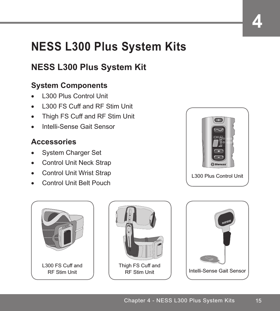 15Chapter 4 - NESS L300 Plus System Kits4NESS L300 Plus System KitsNESS L300 Plus System KitSystem Components •L300 Plus Control Unit •L300 FS Cuff and RF Stim Unit •Thigh FS Cuff and RF Stim Unit •Intelli-Sense Gait SensorAccessories •System Charger Set •Control Unit Neck Strap •Control Unit Wrist Strap •Control Unit Belt PouchL300 Plus Control UnitL300 FS Cuff andRF Stim UnitThigh FS Cuff andRF Stim Unit Intelli-Sense Gait Sensor