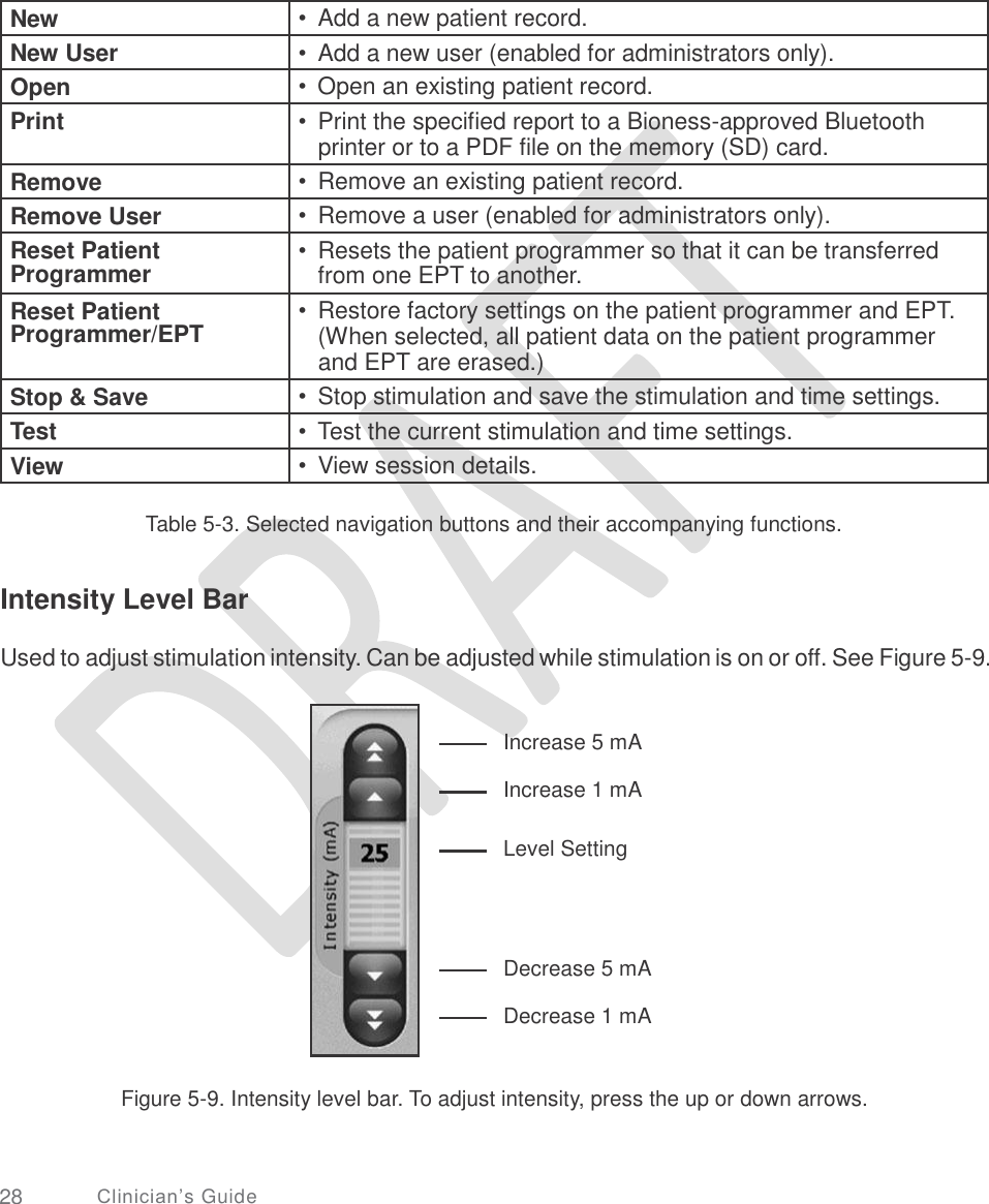     from one EPT to another. (When selected, all patient data on the patient programmer Table 5-3. Selected navigation buttons and their accompanying functions. Intensity Level Bar Used to adjust stimulation intensity. Can be adjusted while stimulation is on or off. See Figure 5-9. Increase 5 mA Increase 1 mA Level Setting Decrease 5 mA Decrease 1 mA Figure 5-9. Intensity level bar. To adjust intensity, press the up or down arrows. 28 Clinician’s Guide  New •  Add a new patient record. New User •  Add a new user (enabled for administrators only). Open •  Open an existing patient record. Print  •  Print the specified report to a Bioness-approved Bluetooth printer or to a PDF file on the memory (SD) card. Remove •  Remove an existing patient record. Remove User •  Remove a user (enabled for administrators only). Reset Patient Programmer •  Resets the patient programmer so that it can be transferred  Reset Patient Programmer/EPT  •  Restore factory settings on the patient programmer and EPT.  and EPT are erased.) Stop &amp; Save •  Stop stimulation and save the stimulation and time settings. Test •  Test the current stimulation and time settings. View •  View session details.      