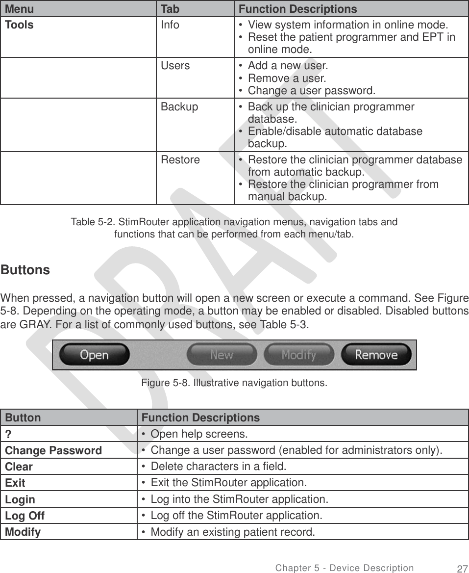   Figure 5-8. Illustrative navigation buttons.   Table 5-2. StimRouter application navigation menus, navigation tabs and functions that can be performed from each menu/tab. Buttons When pressed, a navigation button will open a new screen or execute a command. See Figure 5-8. Depending on the operating mode, a button may be enabled or disabled. Disabled buttons are GRAY. For a list of commonly used buttons, see Table 5-3. Figure 5-8. Illustrative navigation buttons. Chapter 5 - Device Description 27 Button Function Descriptions ? •  Open help screens. Change Password •  Change a user password (enabled for administrators only). Clear •  Delete characters in a field. Exit •  Exit the StimRouter application. Login •  Log into the StimRouter application. Log Off •  Log off the StimRouter application. Modify •  Modify an existing patient record.  Menu Tab Function Descriptions Tools  Info  •  View system information in online mode. •  Reset the patient programmer and EPT in online mode.  Users  •  Add a new user. •  Remove a user. •  Change a user password.  Backup  •  Back up the clinician programmer database. •  Enable/disable automatic database backup.  Restore  •  Restore the clinician programmer database from automatic backup. •  Restore the clinician programmer from manual backup. 