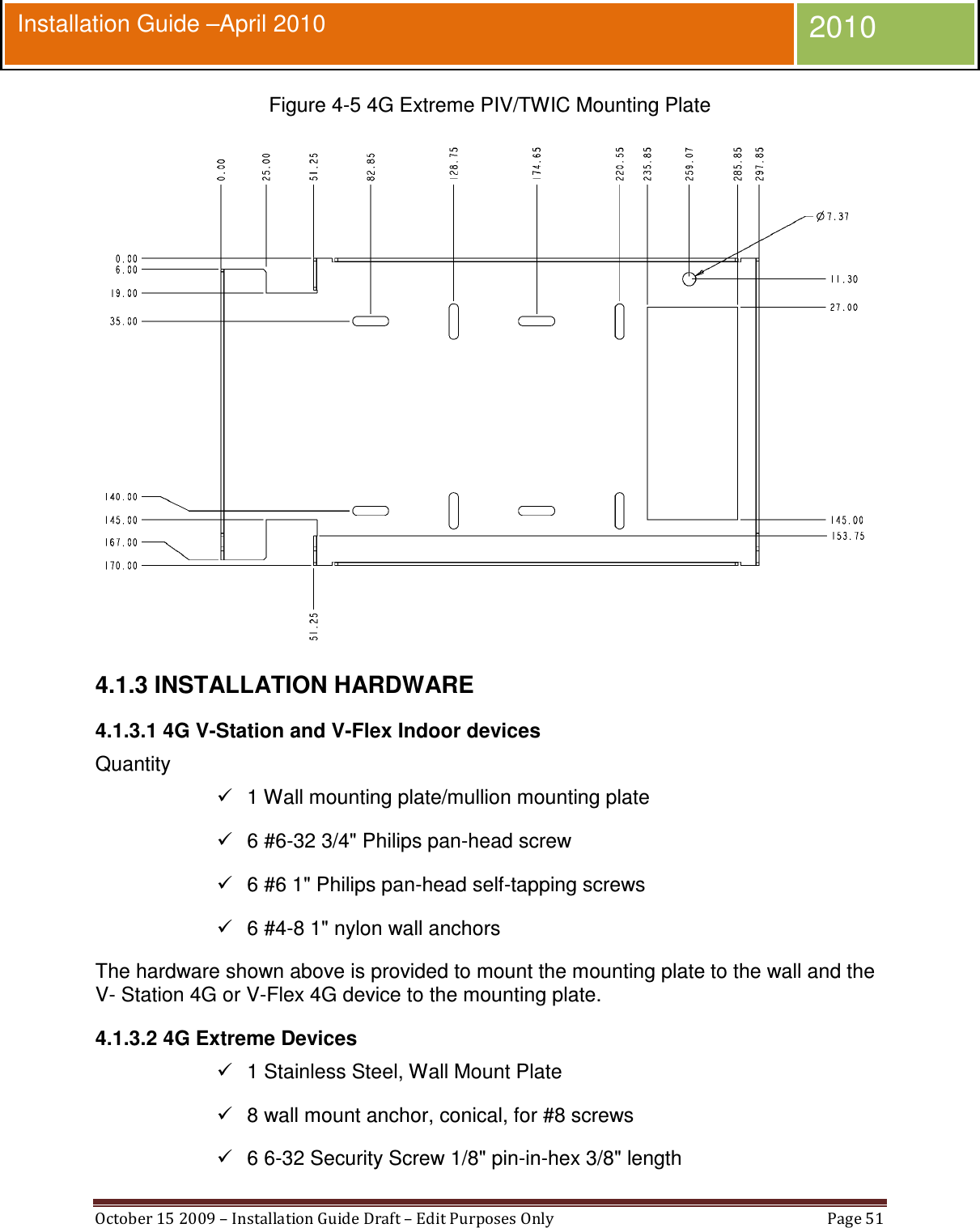  October 15 2009 – Installation Guide Draft – Edit Purposes Only  Page 51  Installation Guide –April 2010 2010 Figure 4-5 4G Extreme PIV/TWIC Mounting Plate  4.1.3 INSTALLATION HARDWARE 4.1.3.1 4G V-Station and V-Flex Indoor devices Quantity   1 Wall mounting plate/mullion mounting plate   6 #6-32 3/4&quot; Philips pan-head screw   6 #6 1&quot; Philips pan-head self-tapping screws   6 #4-8 1&quot; nylon wall anchors The hardware shown above is provided to mount the mounting plate to the wall and the V- Station 4G or V-Flex 4G device to the mounting plate. 4.1.3.2 4G Extreme Devices   1 Stainless Steel, Wall Mount Plate    8 wall mount anchor, conical, for #8 screws   6 6-32 Security Screw 1/8&quot; pin-in-hex 3/8&quot; length 